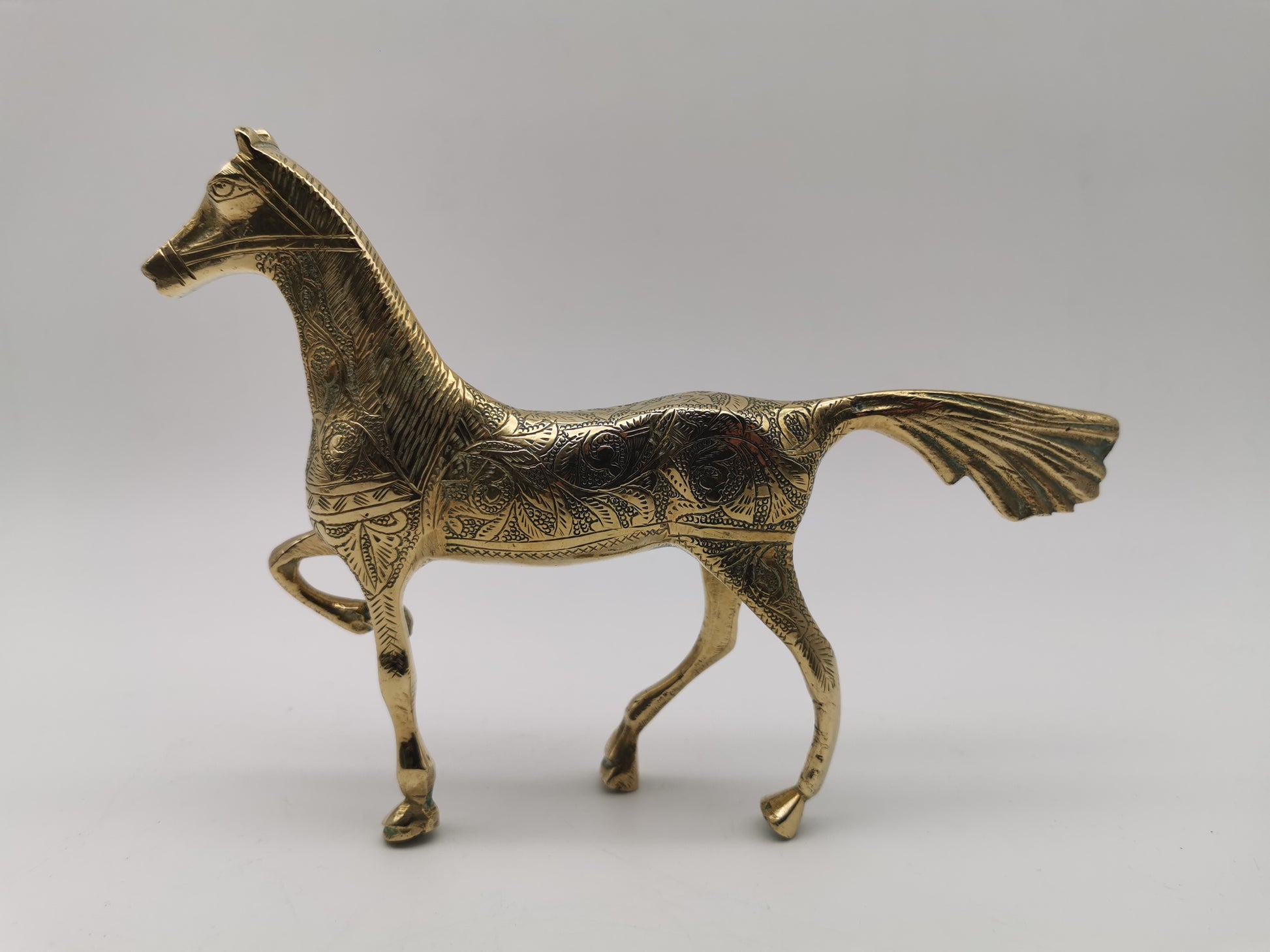 Vintage Etched Brass Horse Figurine- Mid-Century Hand-Engraved Statue of Ornate Arabian Stallion