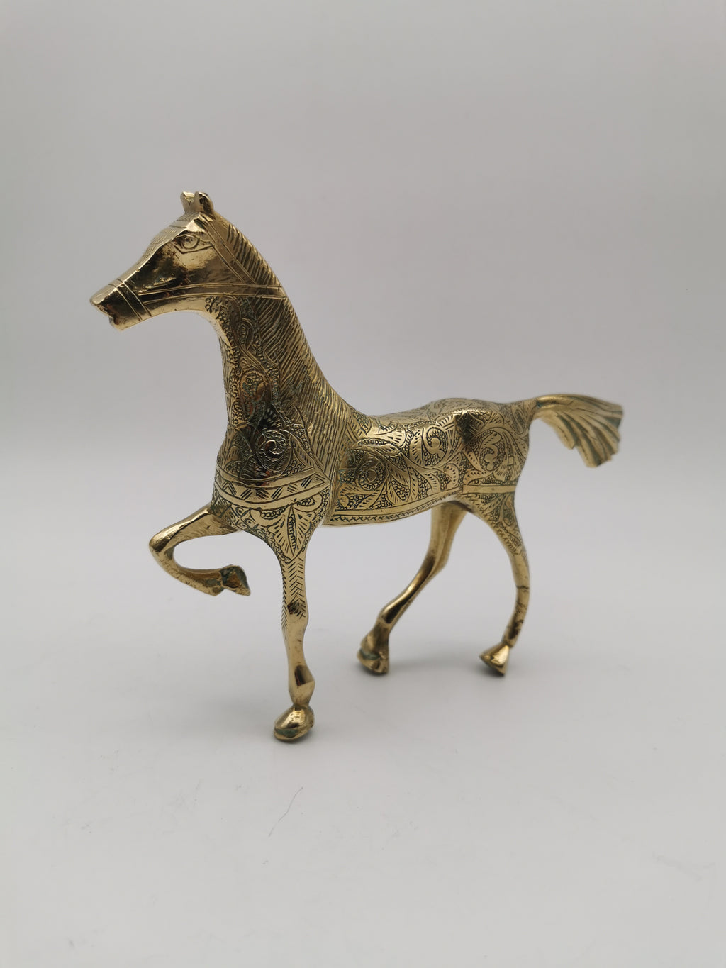Vintage Etched Brass Horse Figurine- Mid-Century Hand-Engraved Statue of Ornate Arabian Stallion