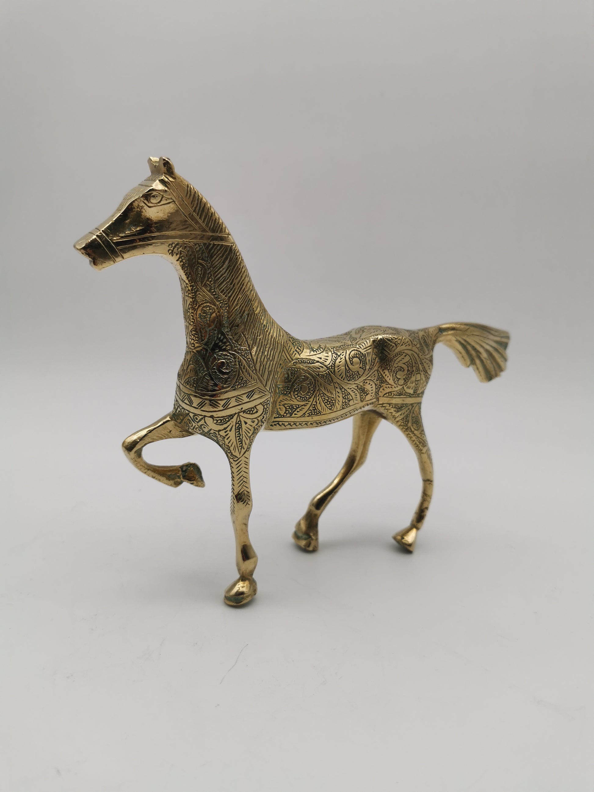 Vintage Etched Brass Horse Figurine- Mid-Century Hand-Engraved Statue of Ornate Arabian Stallion