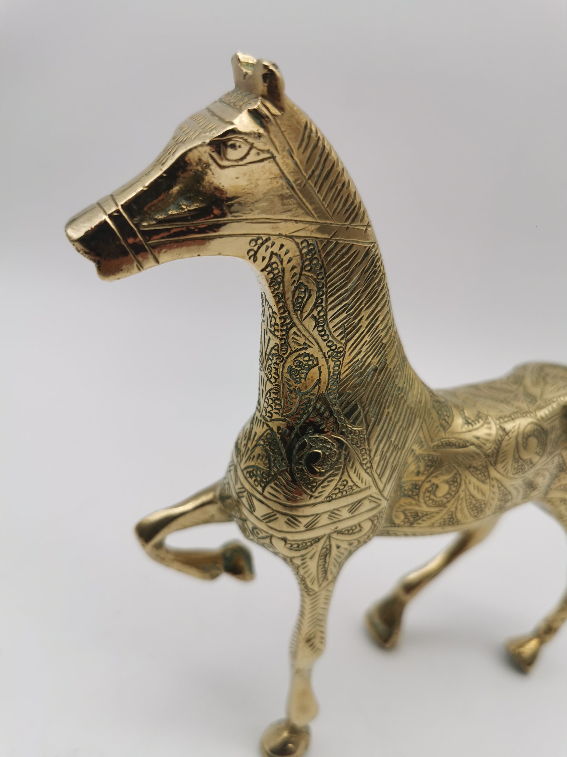 Vintage Etched Brass Horse Figurine- Mid-Century Hand-Engraved Statue of Ornate Arabian Stallion