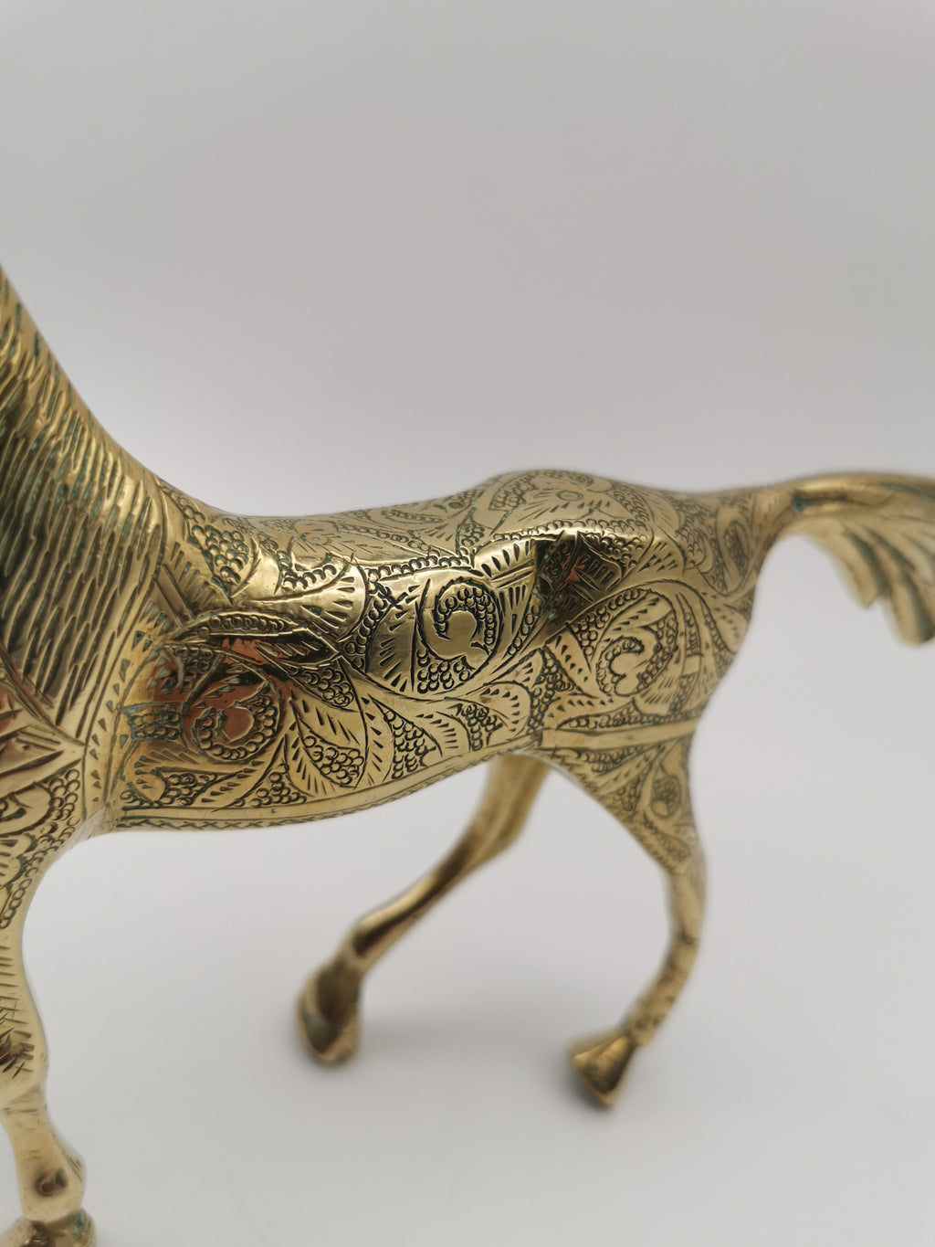 Vintage Etched Brass Horse Figurine- Mid-Century Hand-Engraved Statue of Ornate Arabian Stallion