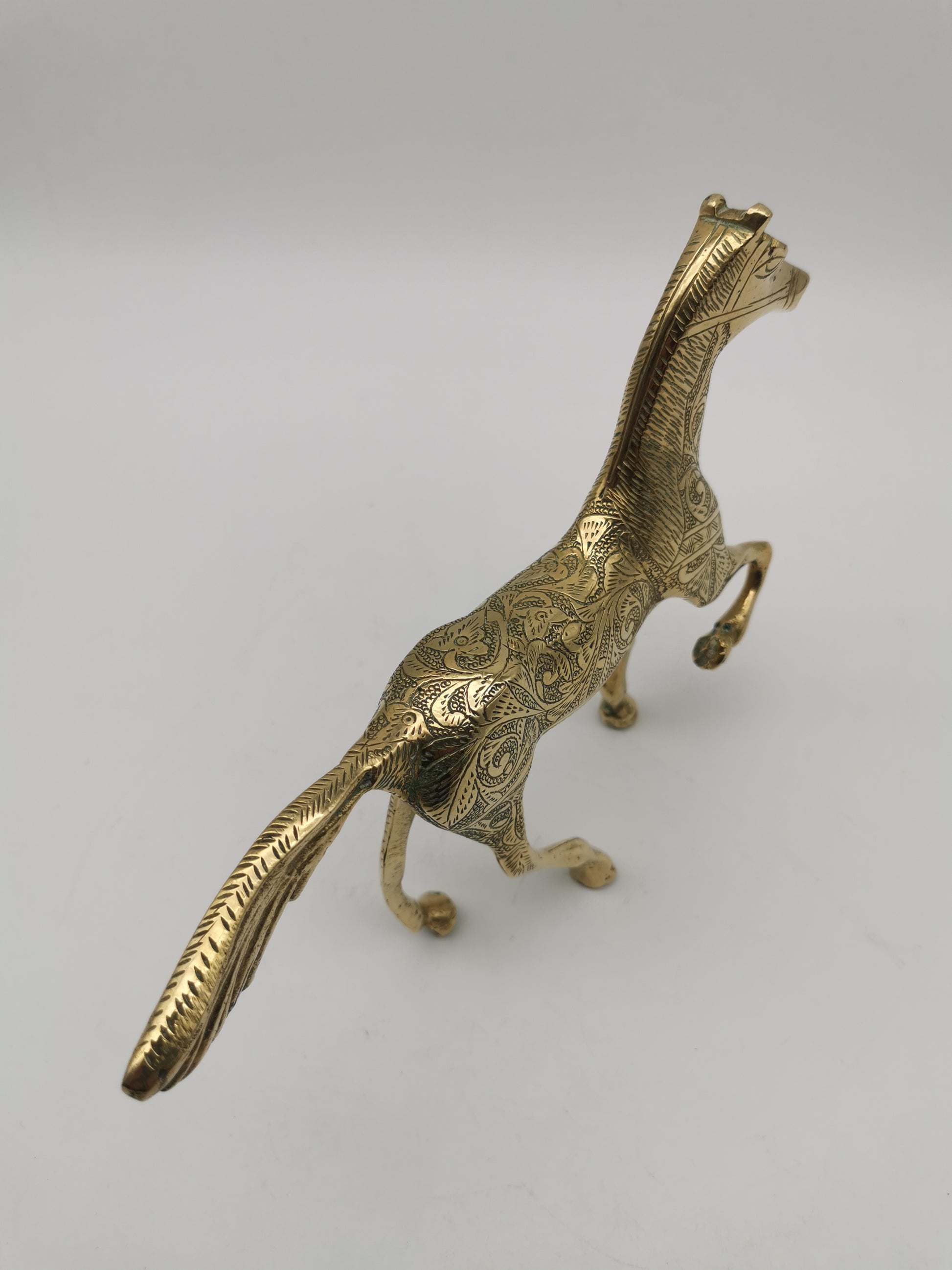 Vintage Etched Brass Horse Figurine- Mid-Century Hand-Engraved Statue of Ornate Arabian Stallion