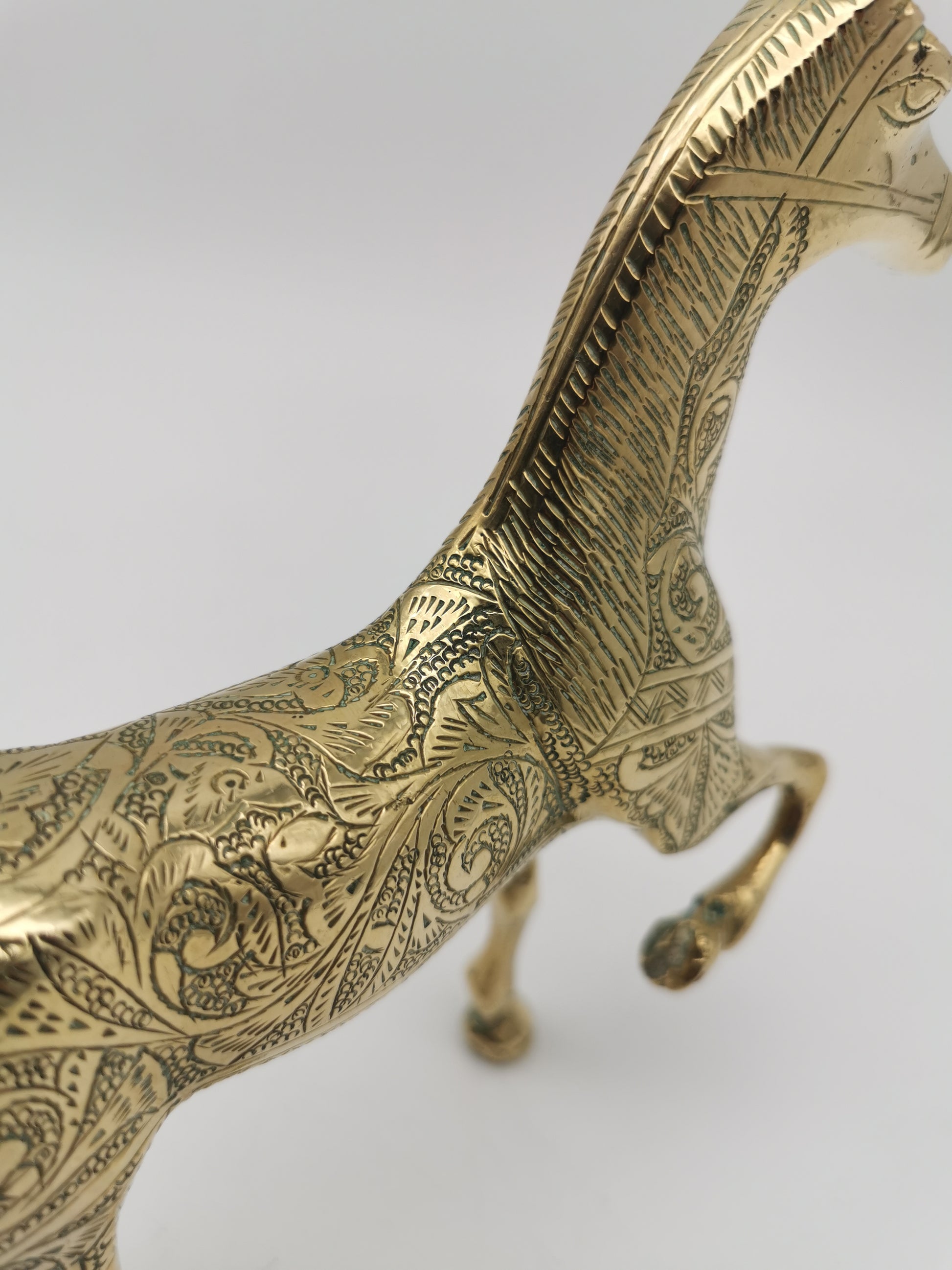 Vintage Etched Brass Horse Figurine- Mid-Century Hand-Engraved Statue of Ornate Arabian Stallion
