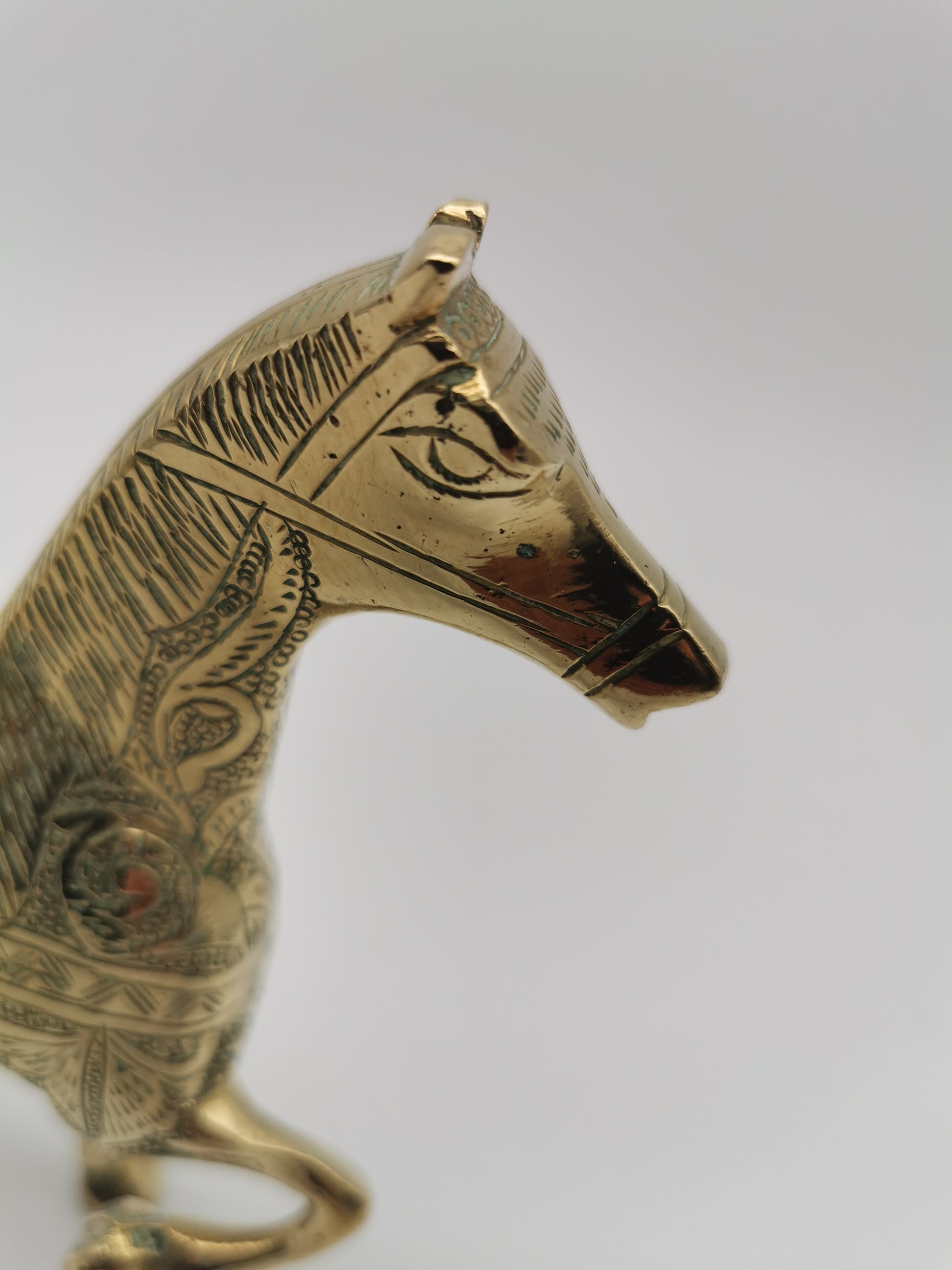 Vintage Etched Brass Horse Figurine- Mid-Century Hand-Engraved Statue of Ornate Arabian Stallion