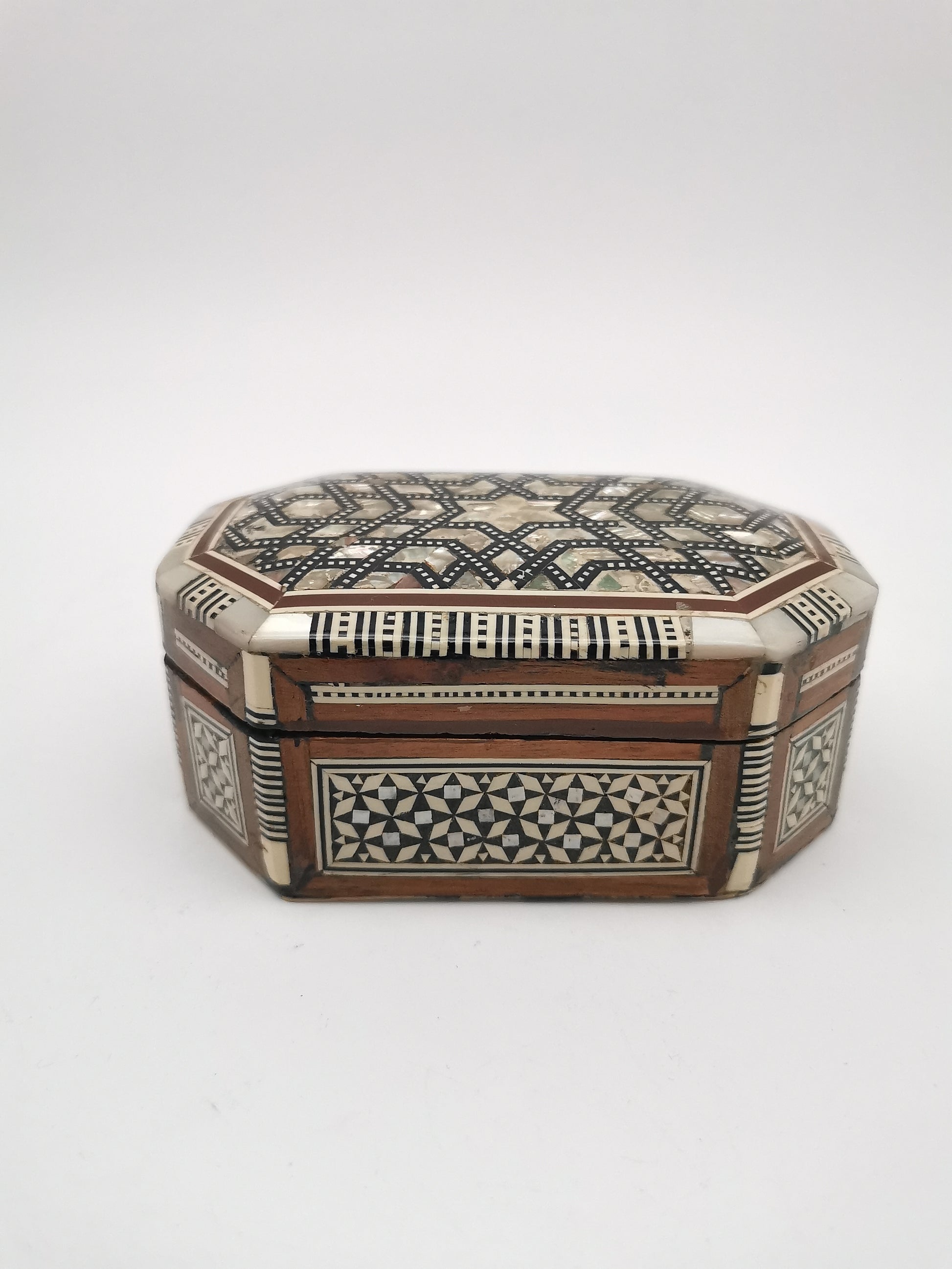 Vintage Egyptian Hexagonal Mosaic Inlaid Mother-of-Pearl Jewelry Box