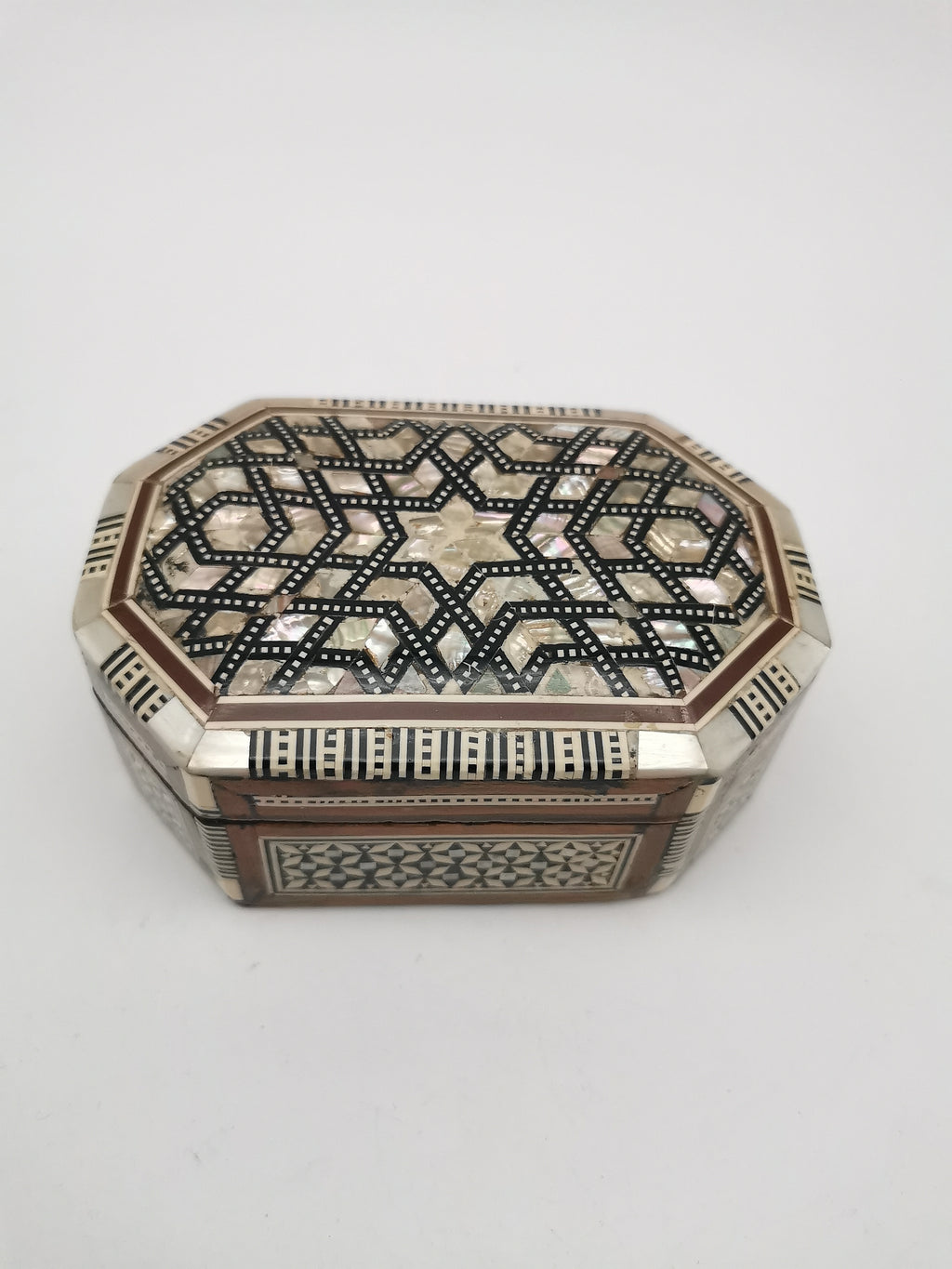 Vintage Egyptian Hexagonal Mosaic Inlaid Mother-of-Pearl Jewelry Box