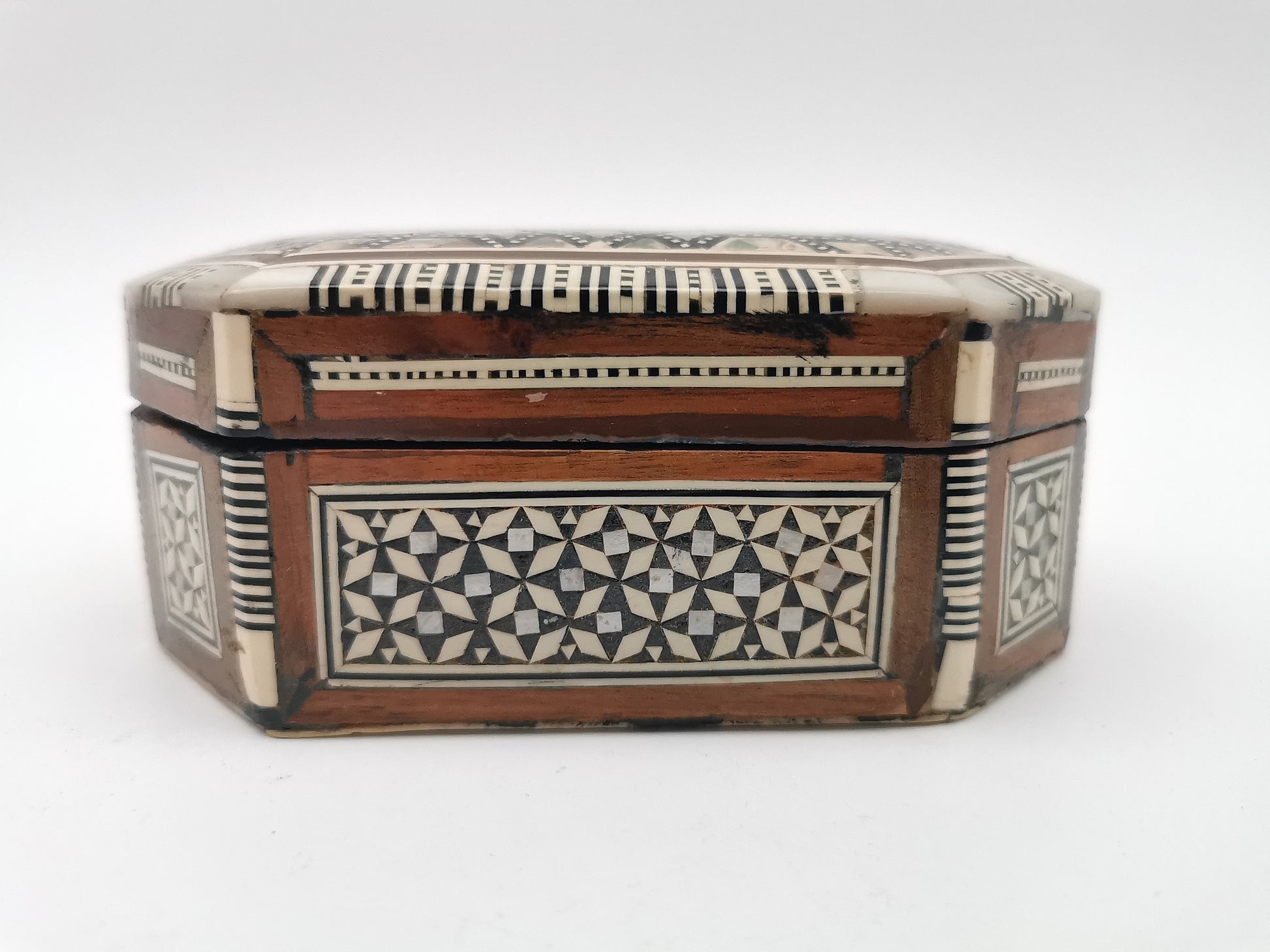 Vintage Egyptian Hexagonal Mosaic Inlaid Mother-of-Pearl Jewelry Box