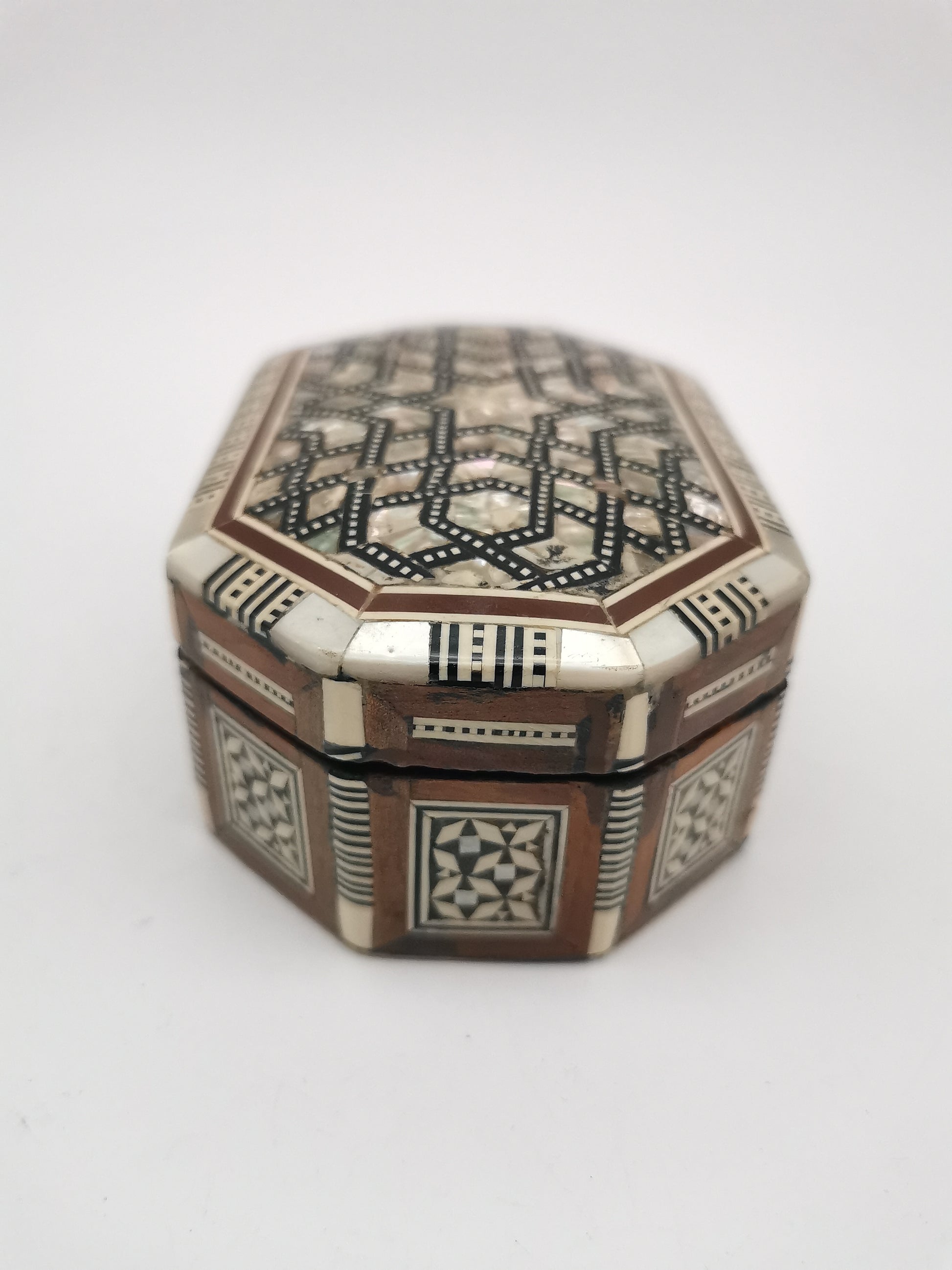 Vintage Egyptian Hexagonal Mosaic Inlaid Mother-of-Pearl Jewelry Box