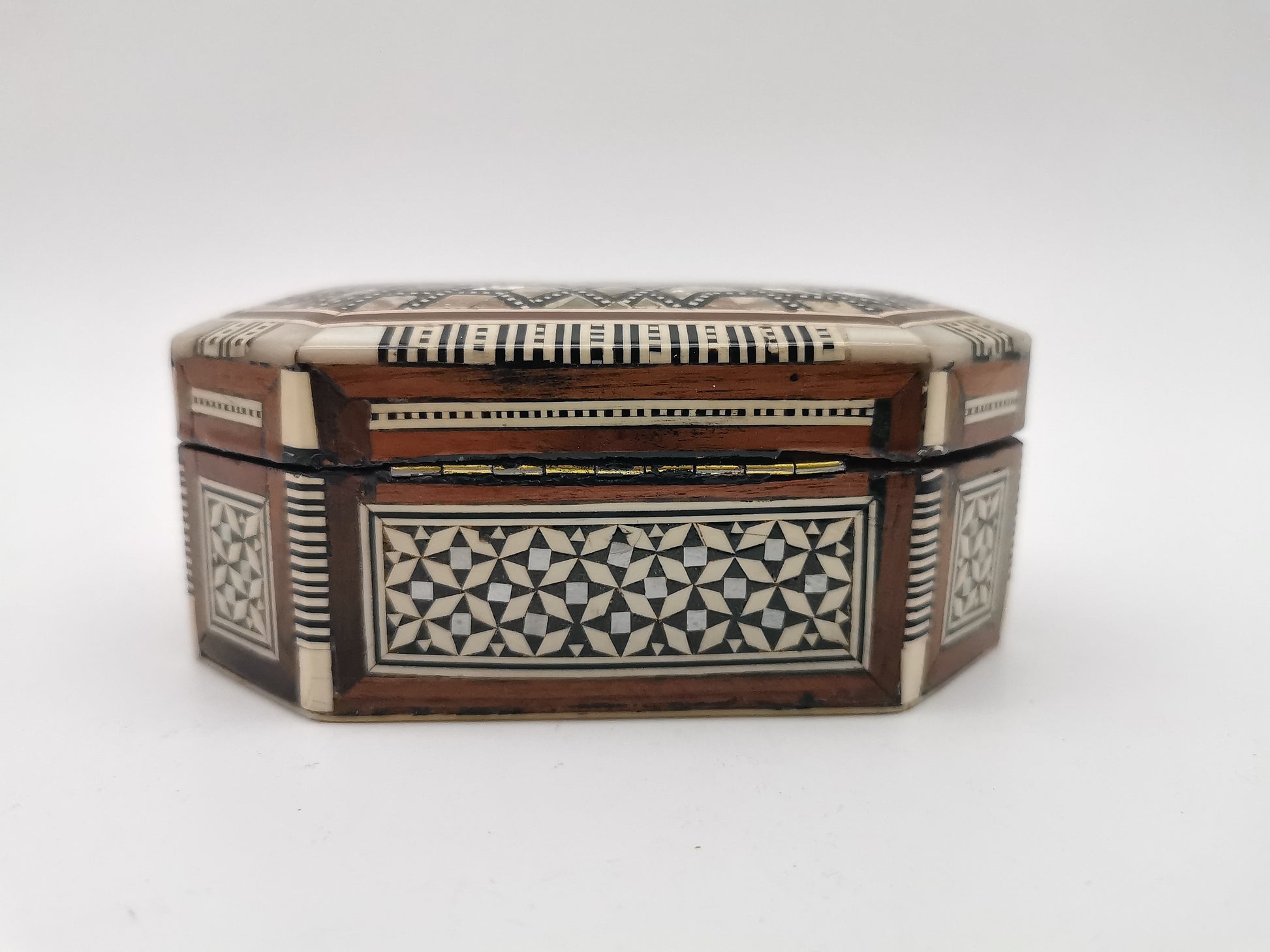 Vintage Egyptian Hexagonal Mosaic Inlaid Mother-of-Pearl Jewelry Box