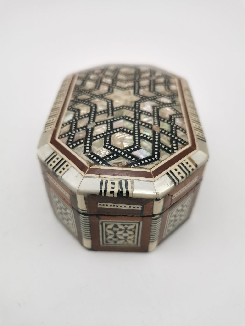 Vintage Egyptian Hexagonal Mosaic Inlaid Mother-of-Pearl Jewelry Box