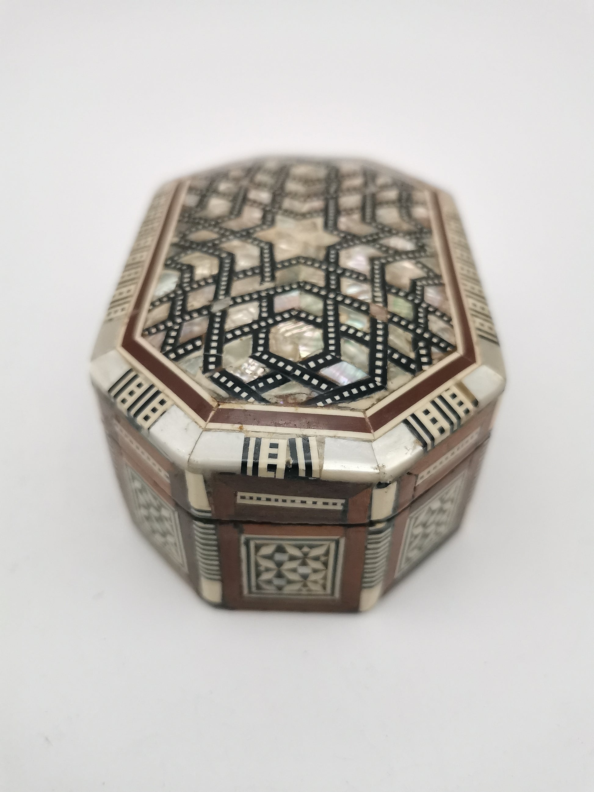 Vintage Egyptian Hexagonal Mosaic Inlaid Mother-of-Pearl Jewelry Box
