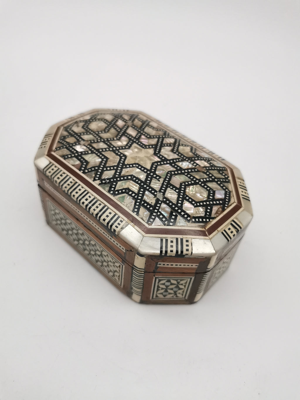 Vintage Egyptian Hexagonal Mosaic Inlaid Mother-of-Pearl Jewelry Box