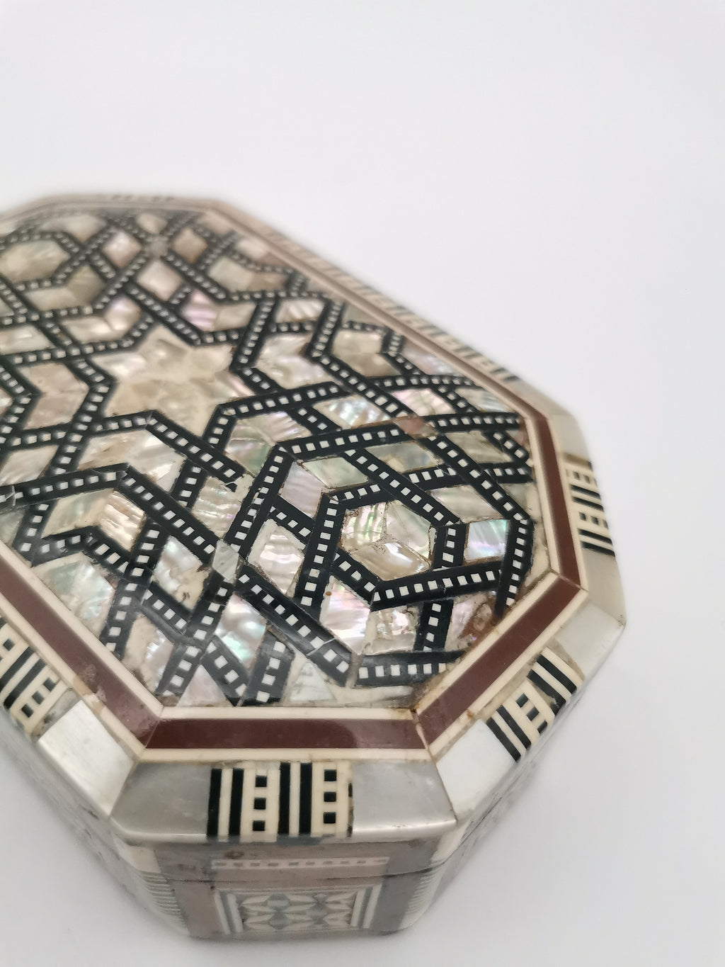 Vintage Egyptian Hexagonal Mosaic Inlaid Mother-of-Pearl Jewelry Box