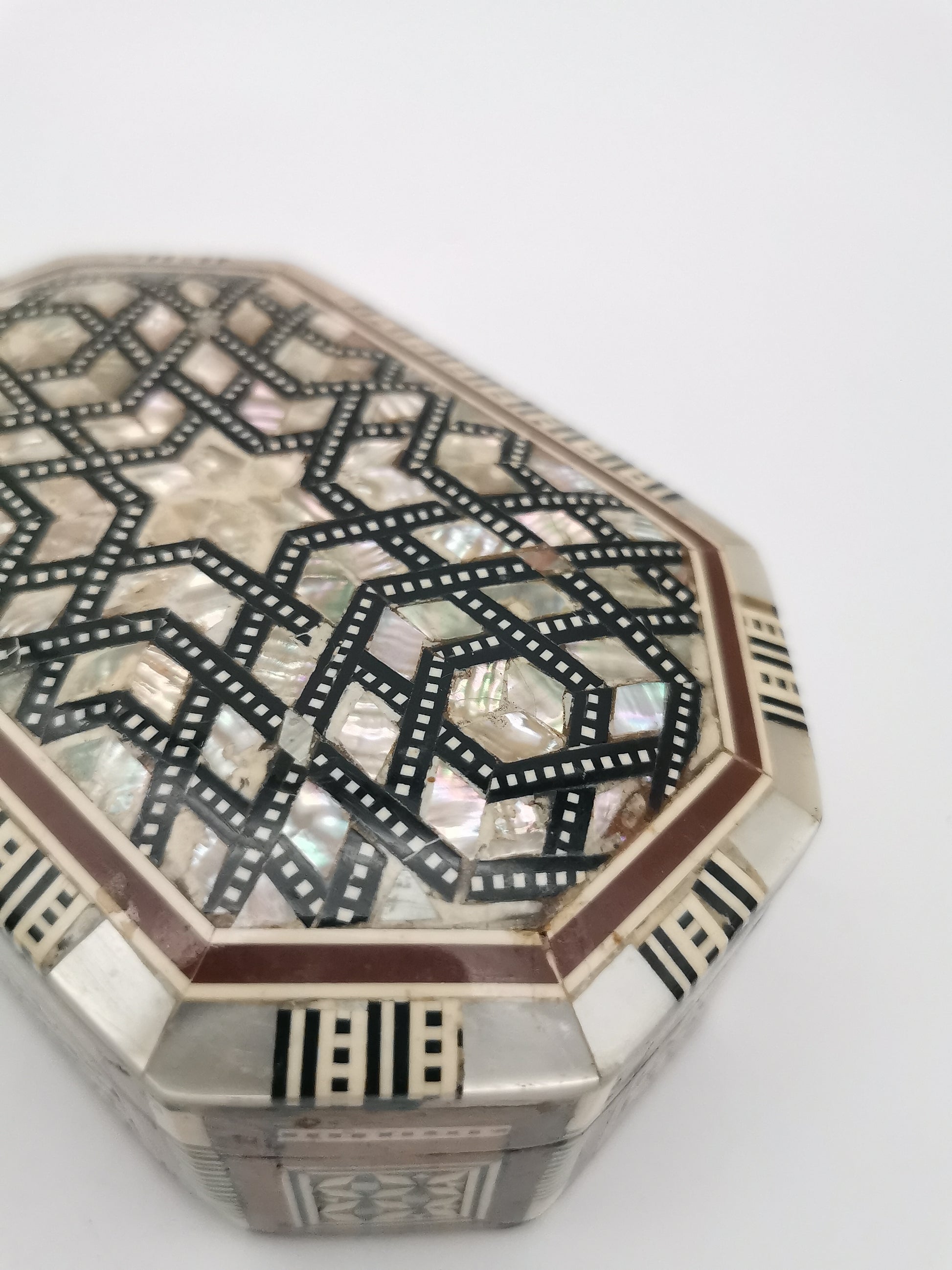 Vintage Egyptian Hexagonal Mosaic Inlaid Mother-of-Pearl Jewelry Box