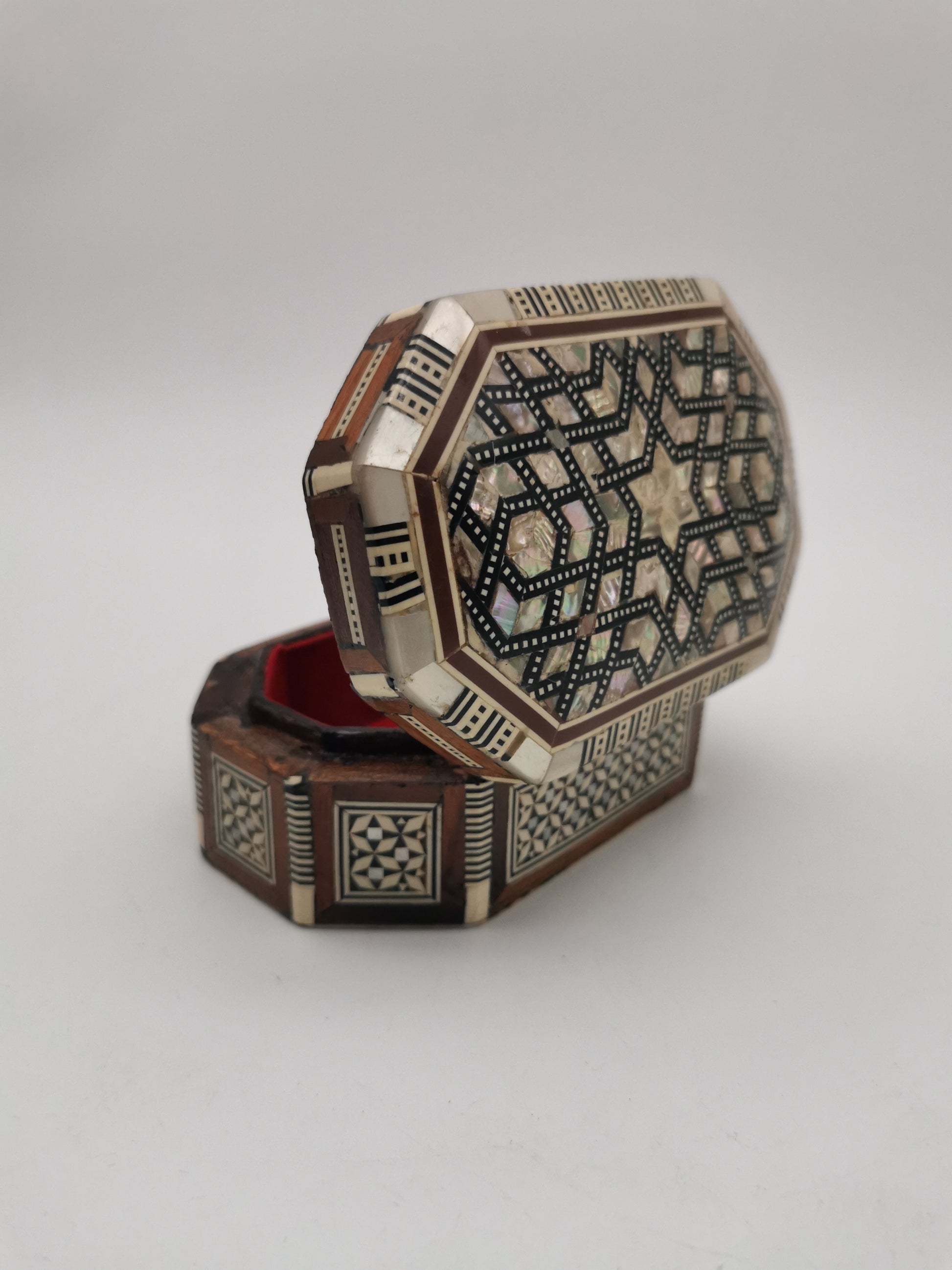 Vintage Egyptian Hexagonal Mosaic Inlaid Mother-of-Pearl Jewelry Box