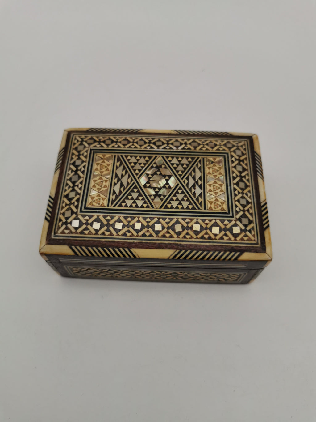 Vintage Syrian Micro-Mosaic Box ,Damascus Marquetry with Bone & Mother of Pearl Inlay