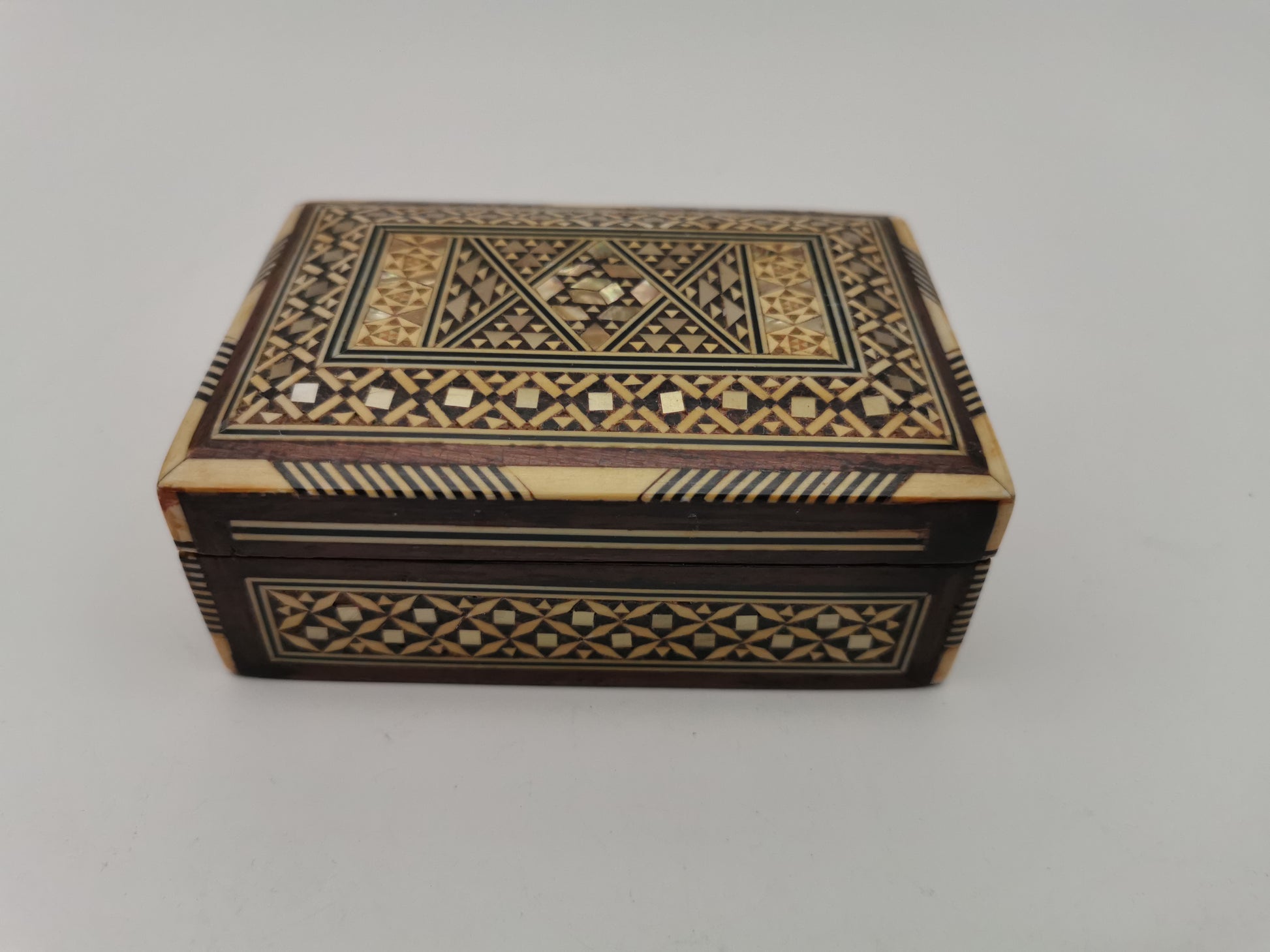 Vintage Syrian Micro-Mosaic Box ,Damascus Marquetry with Bone & Mother of Pearl Inlay