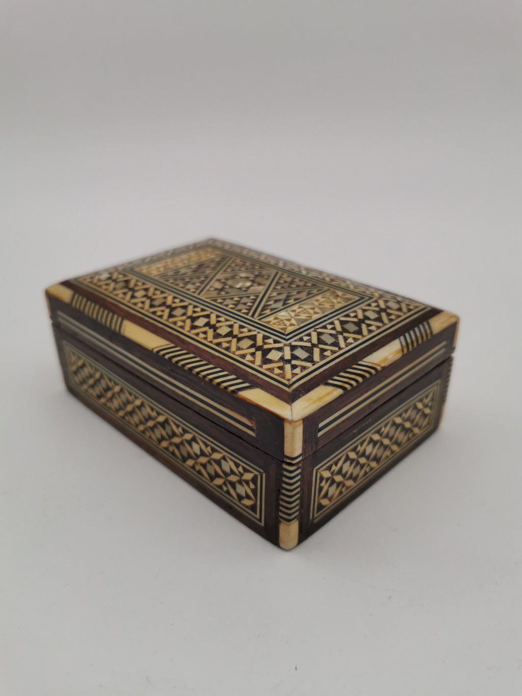 Vintage Syrian Micro-Mosaic Box ,Damascus Marquetry with Bone & Mother of Pearl Inlay