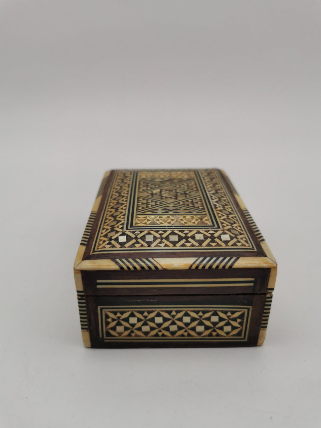 Vintage Syrian Micro-Mosaic Box ,Damascus Marquetry with Bone & Mother of Pearl Inlay