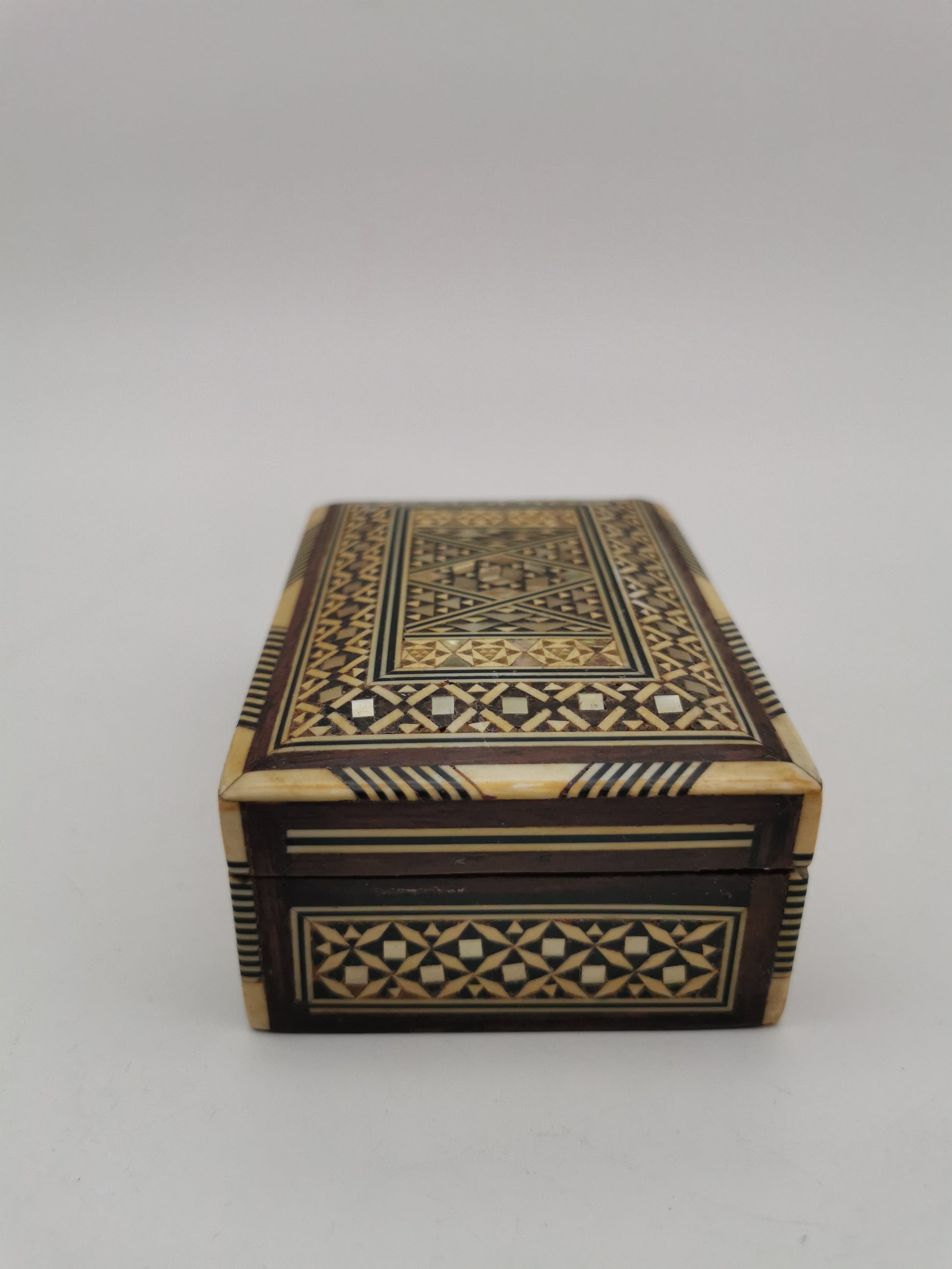Vintage Syrian Micro-Mosaic Box ,Damascus Marquetry with Bone & Mother of Pearl Inlay
