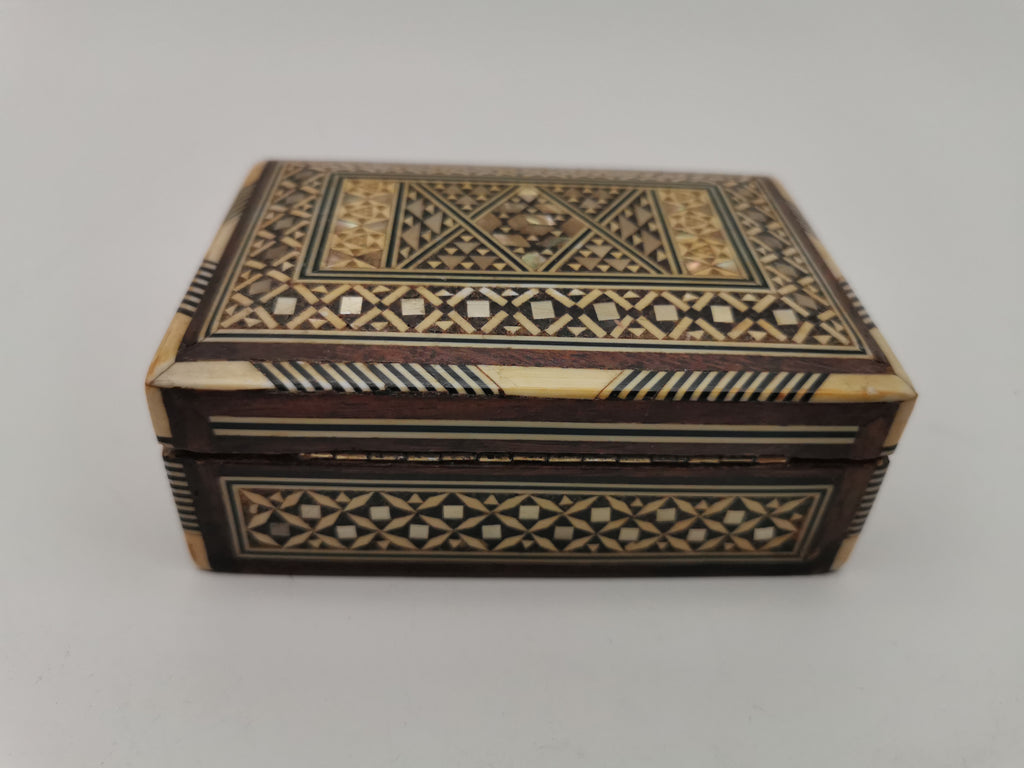 Vintage Syrian Micro-Mosaic Box ,Damascus Marquetry with Bone & Mother of Pearl Inlay