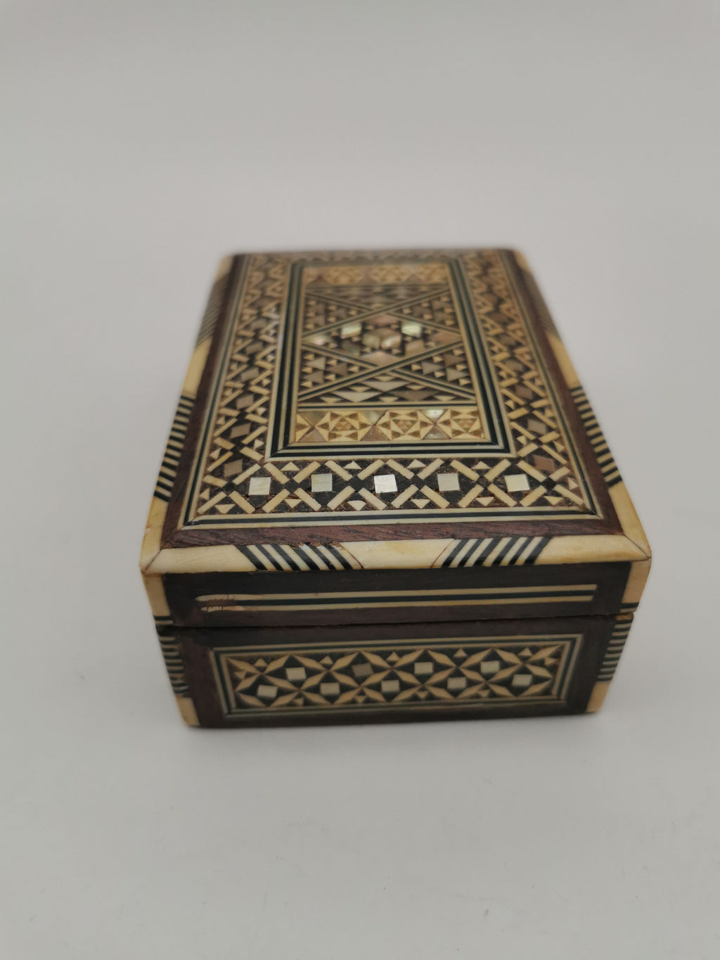 Vintage Syrian Micro-Mosaic Box ,Damascus Marquetry with Bone & Mother of Pearl Inlay