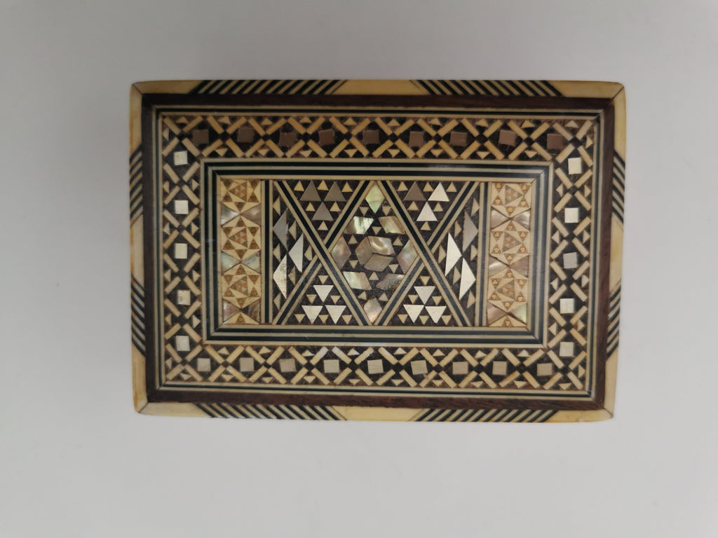 Vintage Syrian Micro-Mosaic Box ,Damascus Marquetry with Bone & Mother of Pearl Inlay