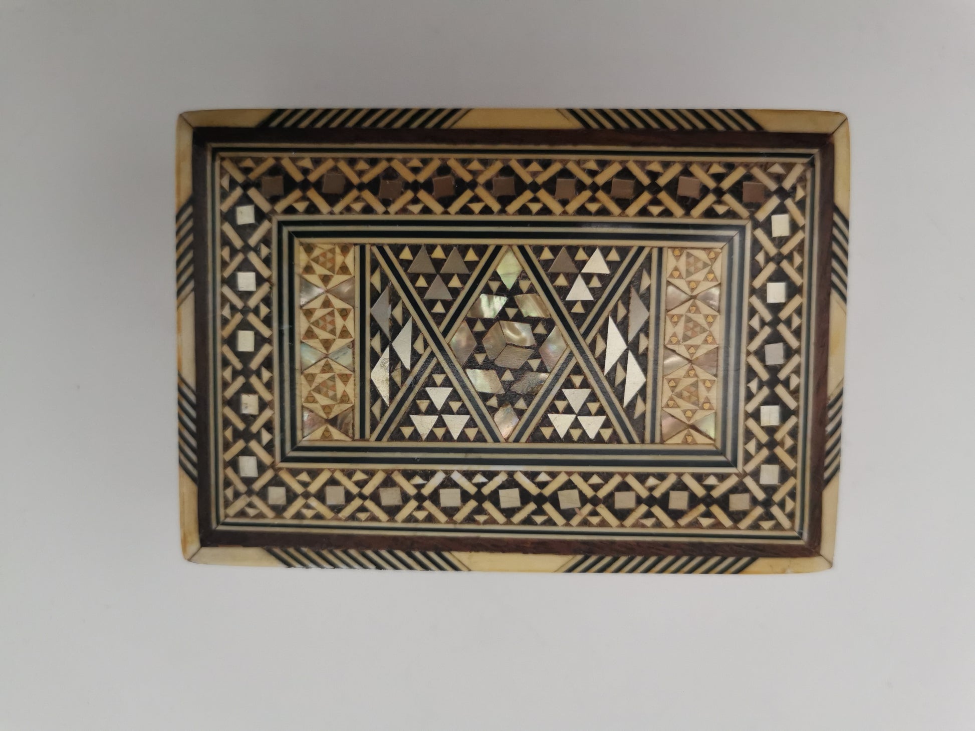 Vintage Syrian Micro-Mosaic Box ,Damascus Marquetry with Bone & Mother of Pearl Inlay