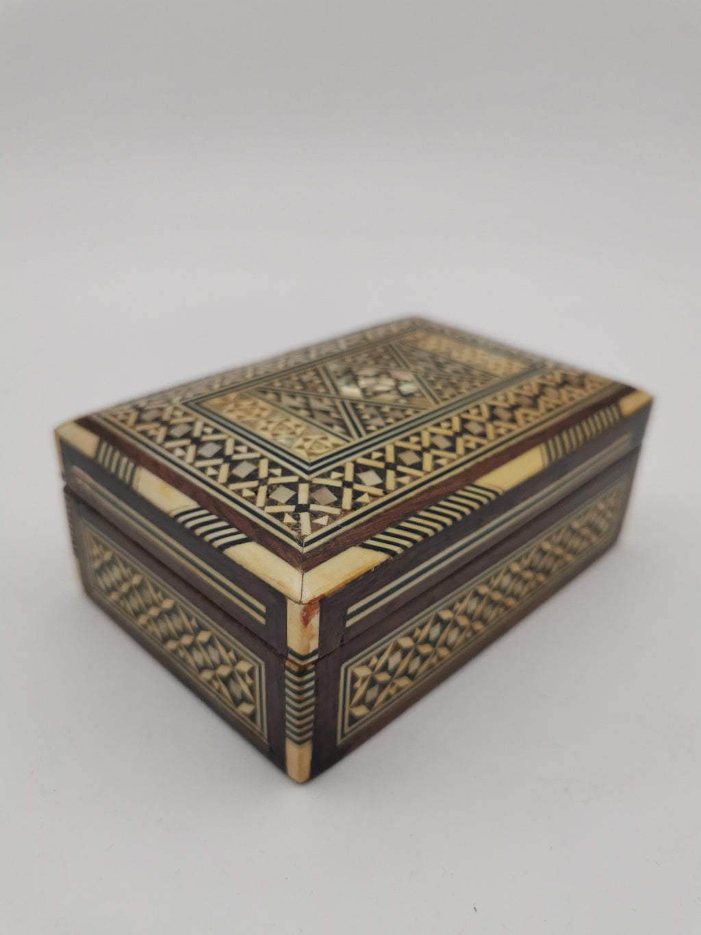 Vintage Syrian Micro-Mosaic Box ,Damascus Marquetry with Bone & Mother of Pearl Inlay