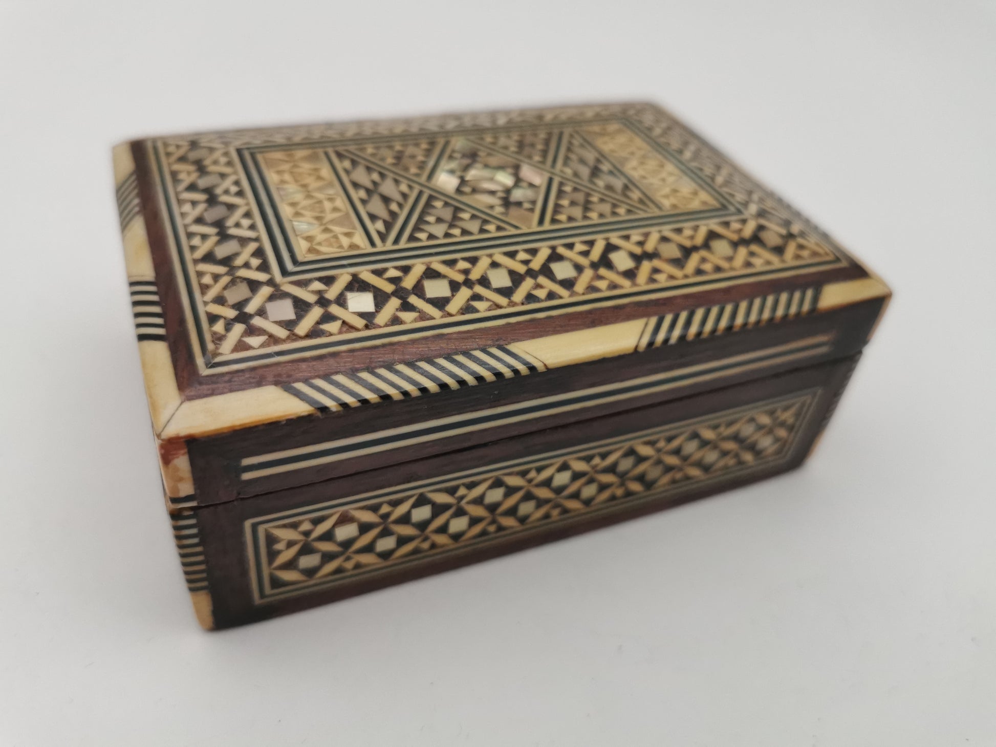 Vintage Syrian Micro-Mosaic Box ,Damascus Marquetry with Bone & Mother of Pearl Inlay