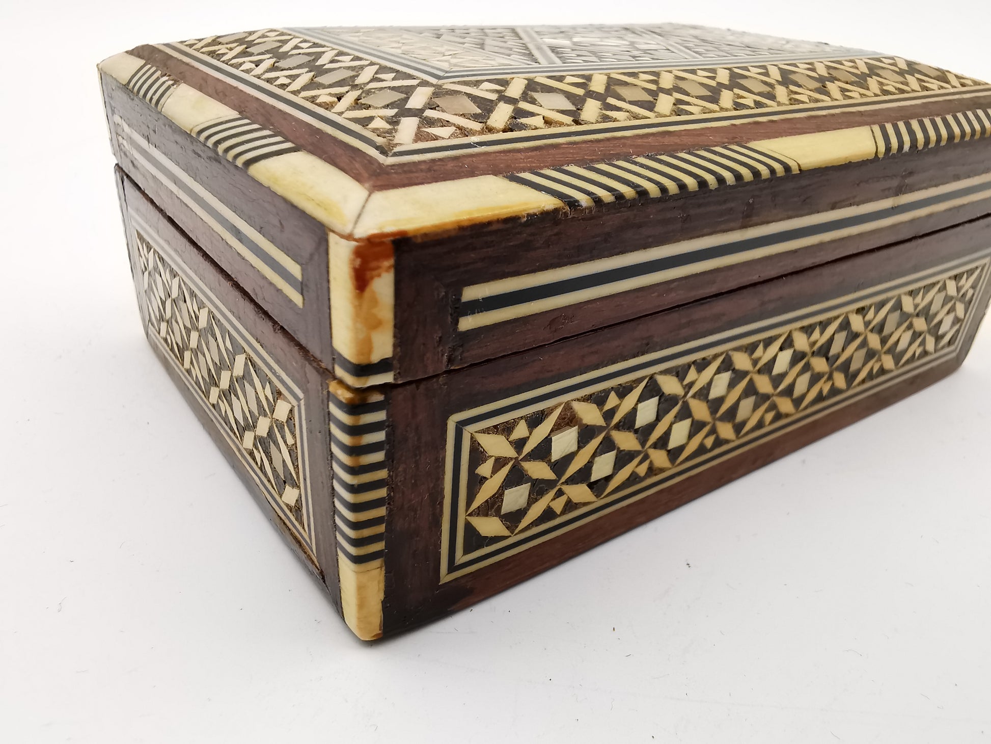 Vintage Syrian Micro-Mosaic Box ,Damascus Marquetry with Bone & Mother of Pearl Inlay