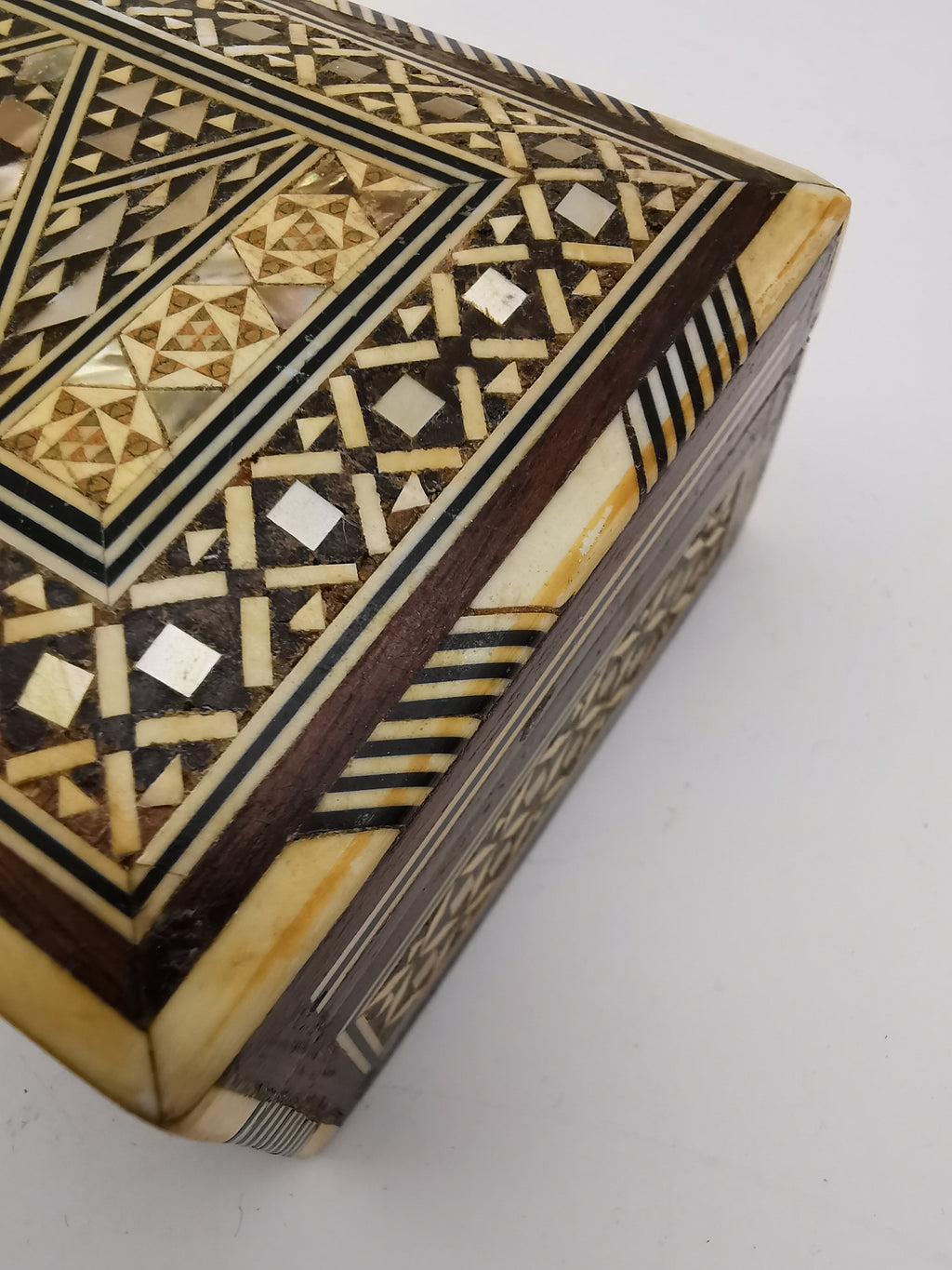 Vintage Syrian Micro-Mosaic Box ,Damascus Marquetry with Bone & Mother of Pearl Inlay