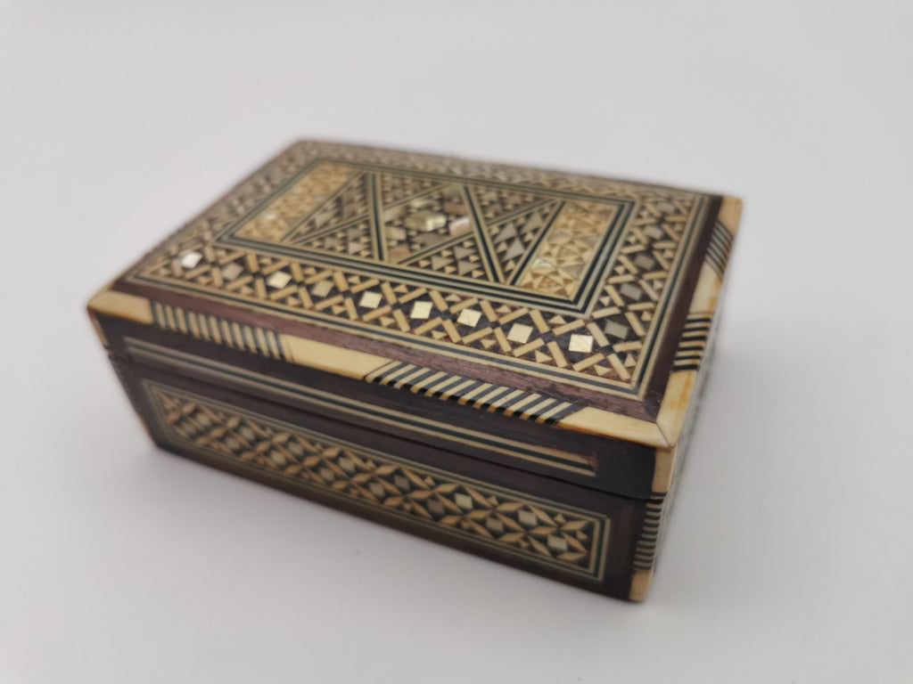 Vintage Syrian Micro-Mosaic Box ,Damascus Marquetry with Bone & Mother of Pearl Inlay