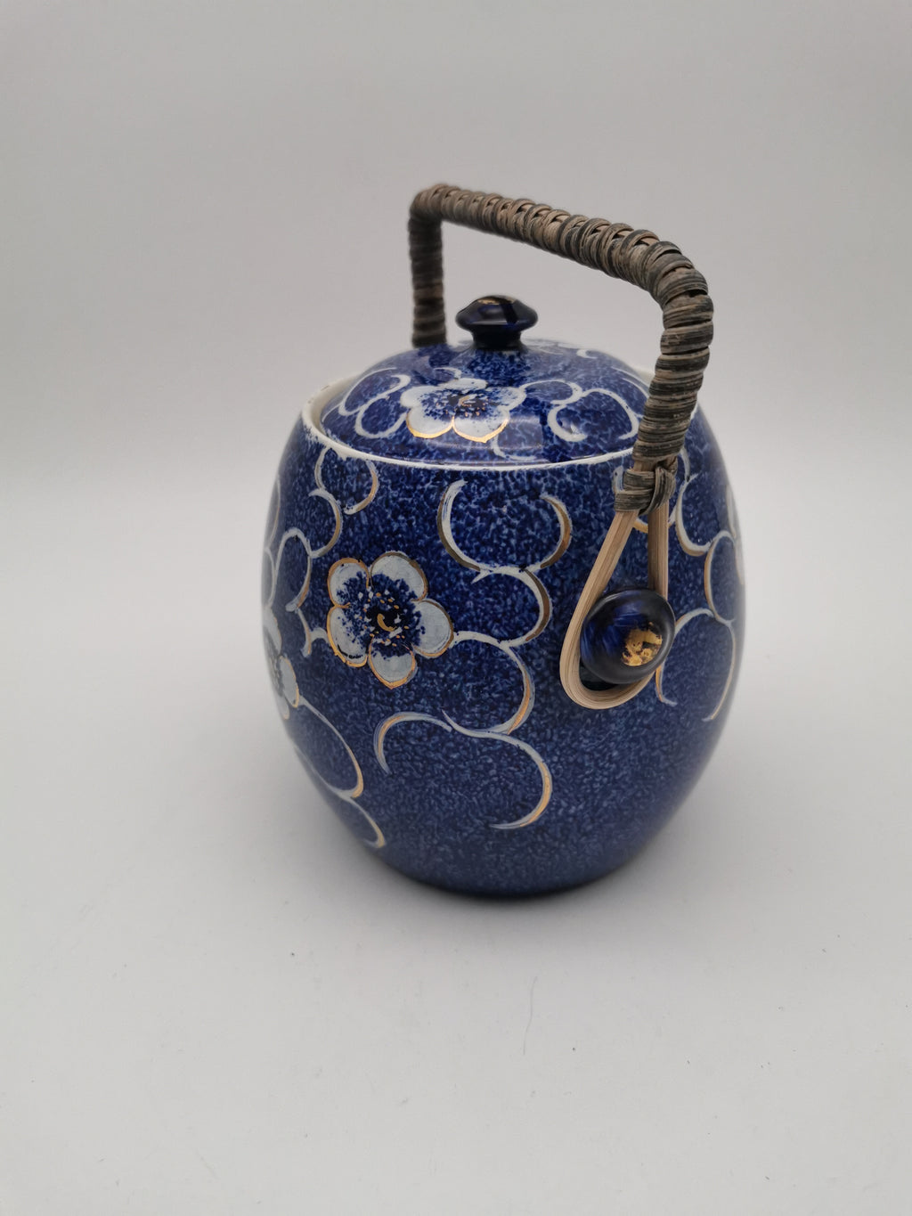 Blue and White Porcelain Biscuit Barrel/ Ginger Jar with Wicker Handle – Gilded Plum Blossom Design