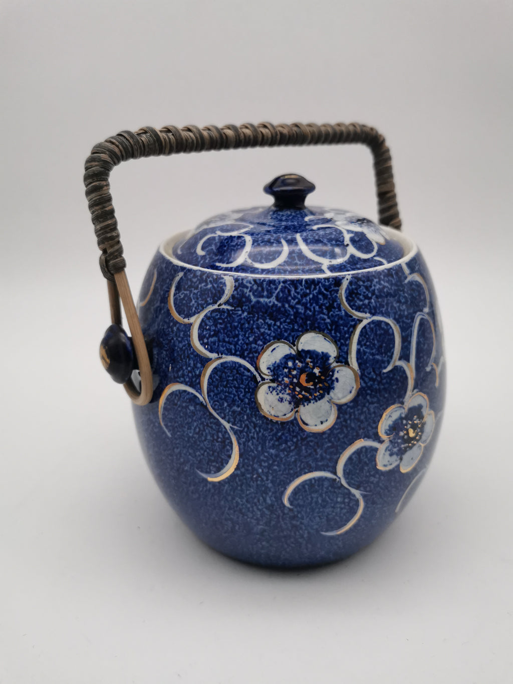 Blue and White Porcelain Biscuit Barrel/ Ginger Jar with Wicker Handle – Gilded Plum Blossom Design