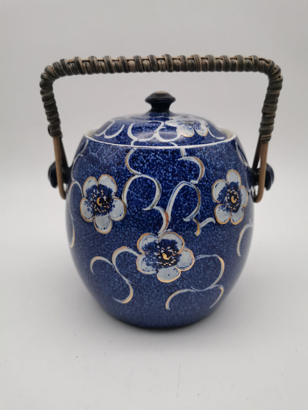 Blue and White Porcelain Biscuit Barrel/ Ginger Jar with Wicker Handle – Gilded Plum Blossom Design