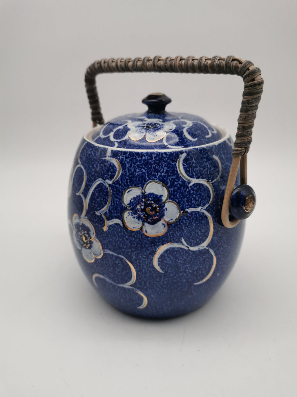 Blue and White Porcelain Biscuit Barrel/ Ginger Jar with Wicker Handle – Gilded Plum Blossom Design