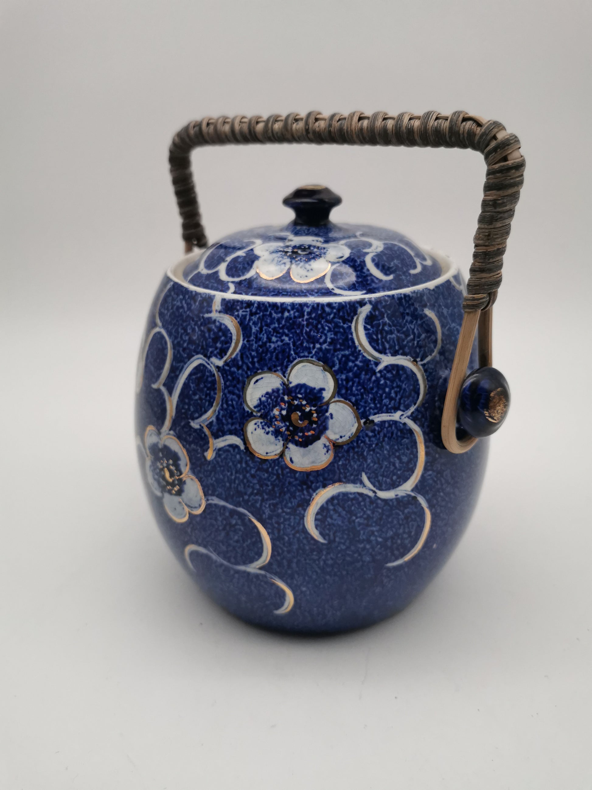 Blue and White Porcelain Biscuit Barrel/ Ginger Jar with Wicker Handle – Gilded Plum Blossom Design