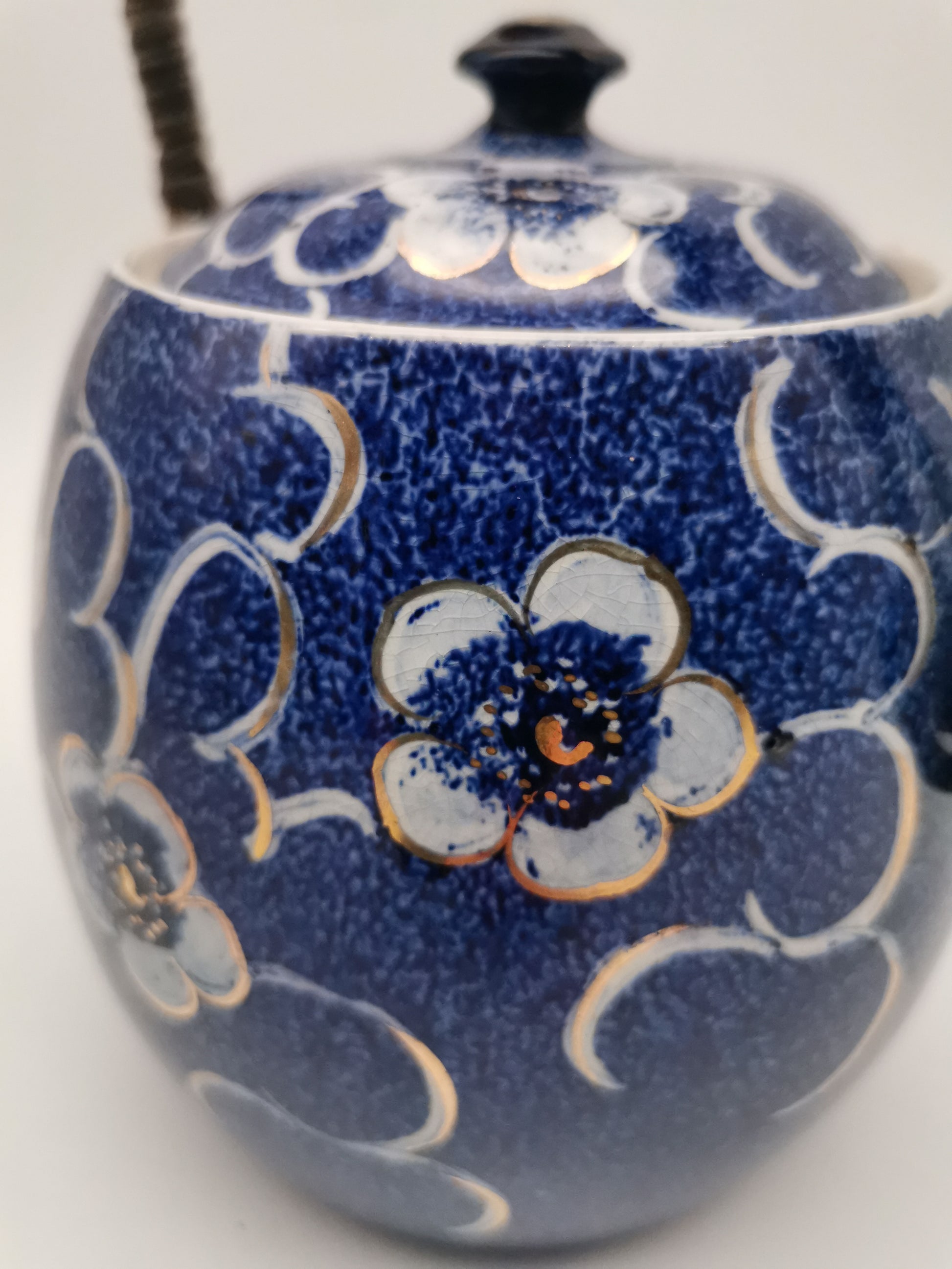 Blue and White Porcelain Biscuit Barrel/ Ginger Jar with Wicker Handle – Gilded Plum Blossom Design