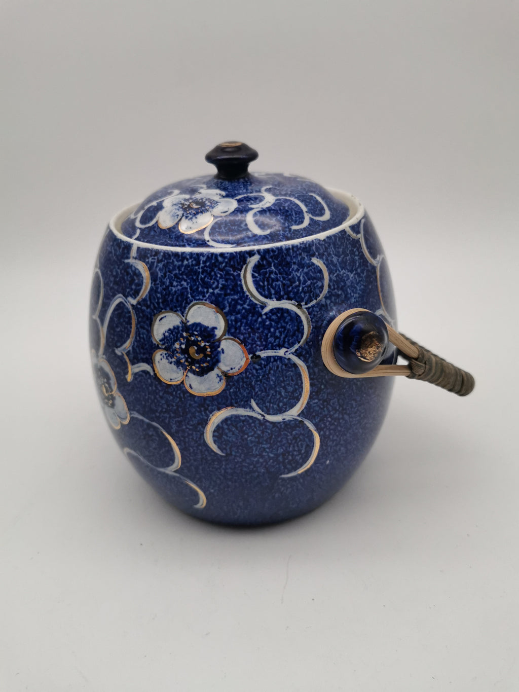 Blue and White Porcelain Biscuit Barrel/ Ginger Jar with Wicker Handle – Gilded Plum Blossom Design