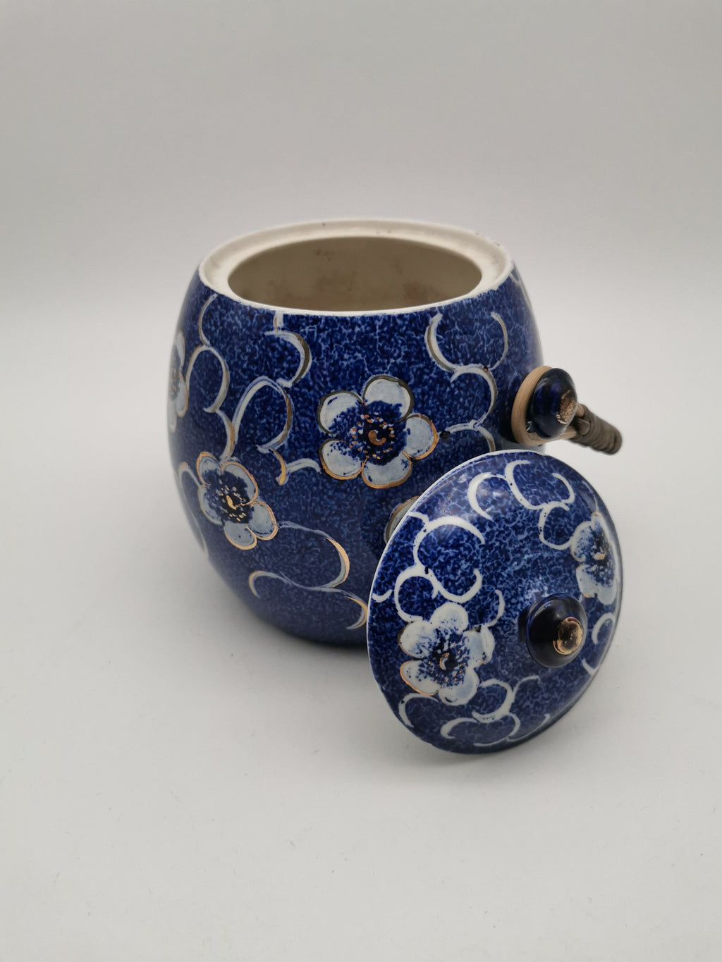 Blue and White Porcelain Biscuit Barrel/ Ginger Jar with Wicker Handle – Gilded Plum Blossom Design