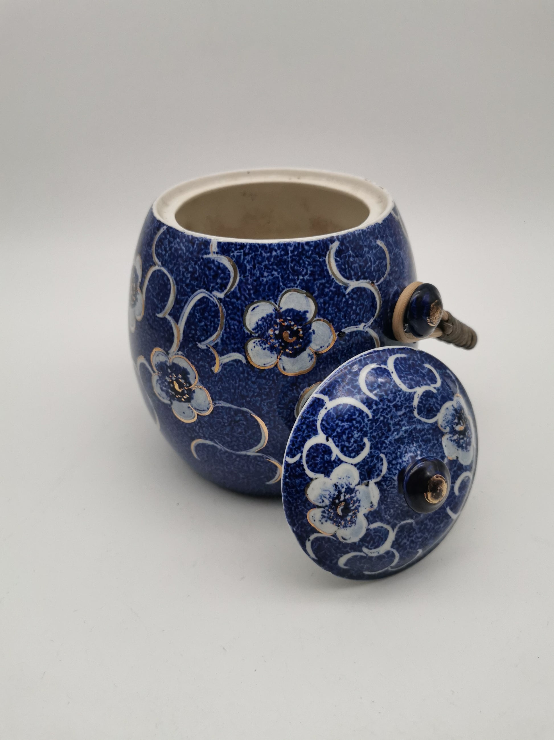 Blue and White Porcelain Biscuit Barrel/ Ginger Jar with Wicker Handle – Gilded Plum Blossom Design