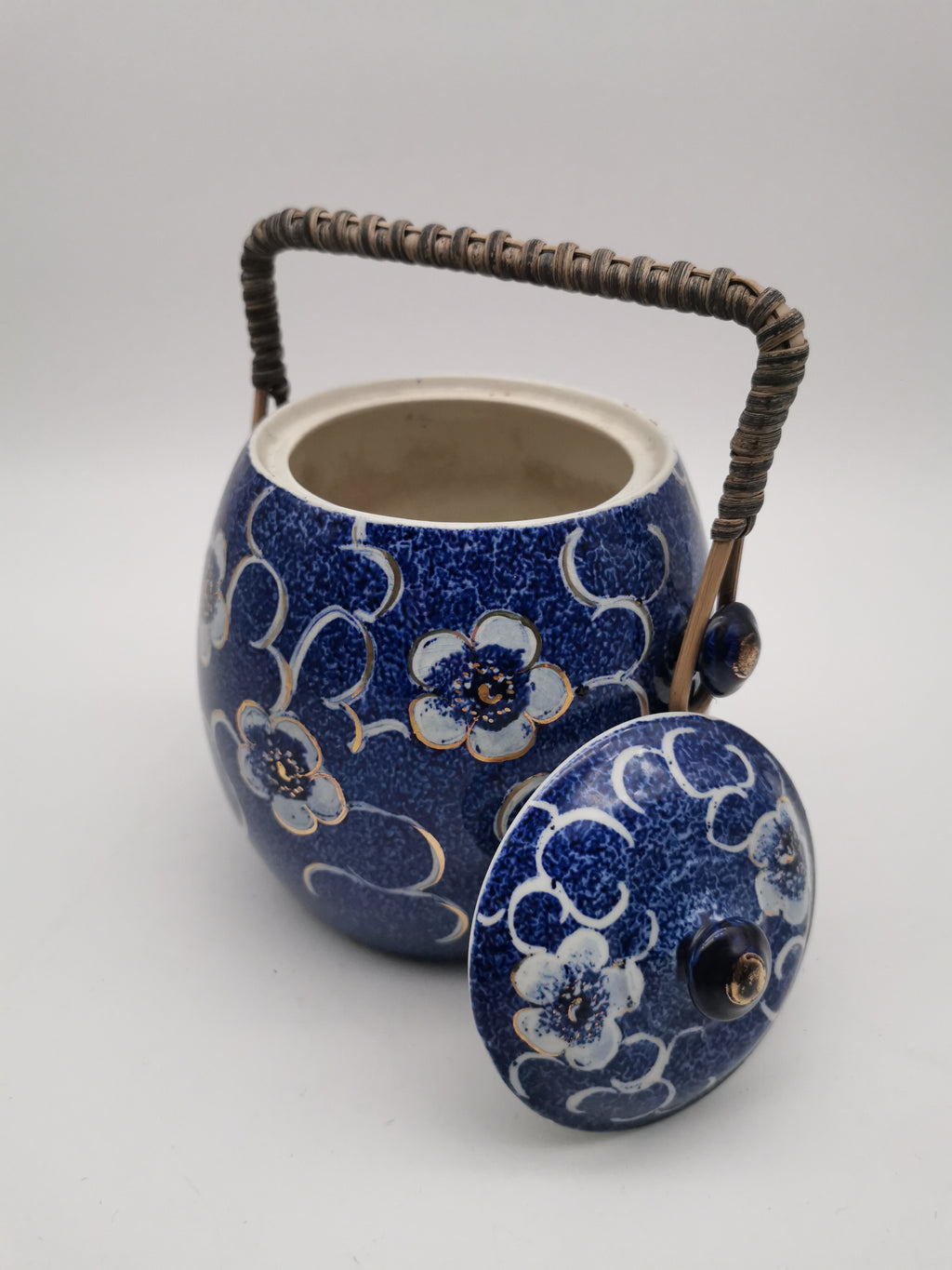 Blue and White Porcelain Biscuit Barrel/ Ginger Jar with Wicker Handle – Gilded Plum Blossom Design