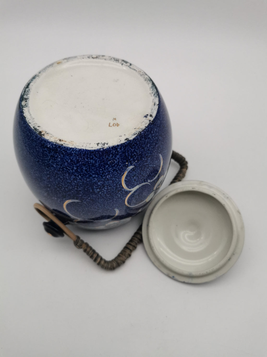 Blue and White Porcelain Biscuit Barrel/ Ginger Jar with Wicker Handle – Gilded Plum Blossom Design