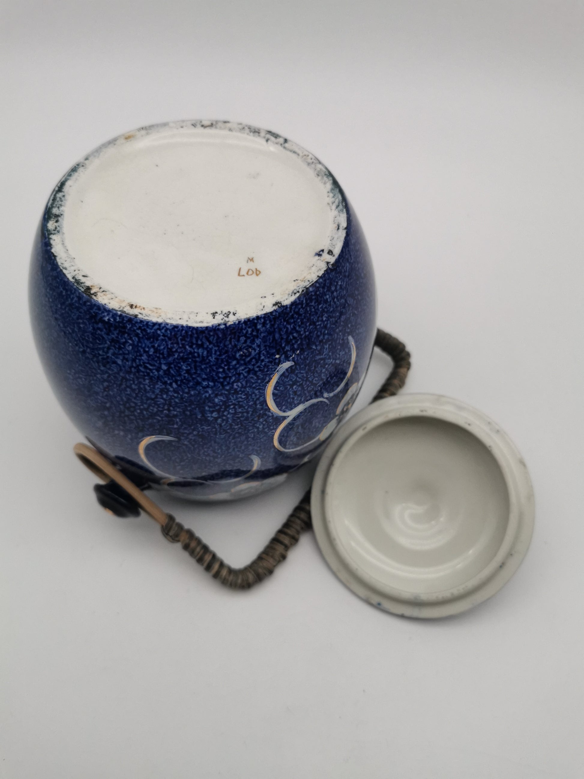 Blue and White Porcelain Biscuit Barrel/ Ginger Jar with Wicker Handle – Gilded Plum Blossom Design