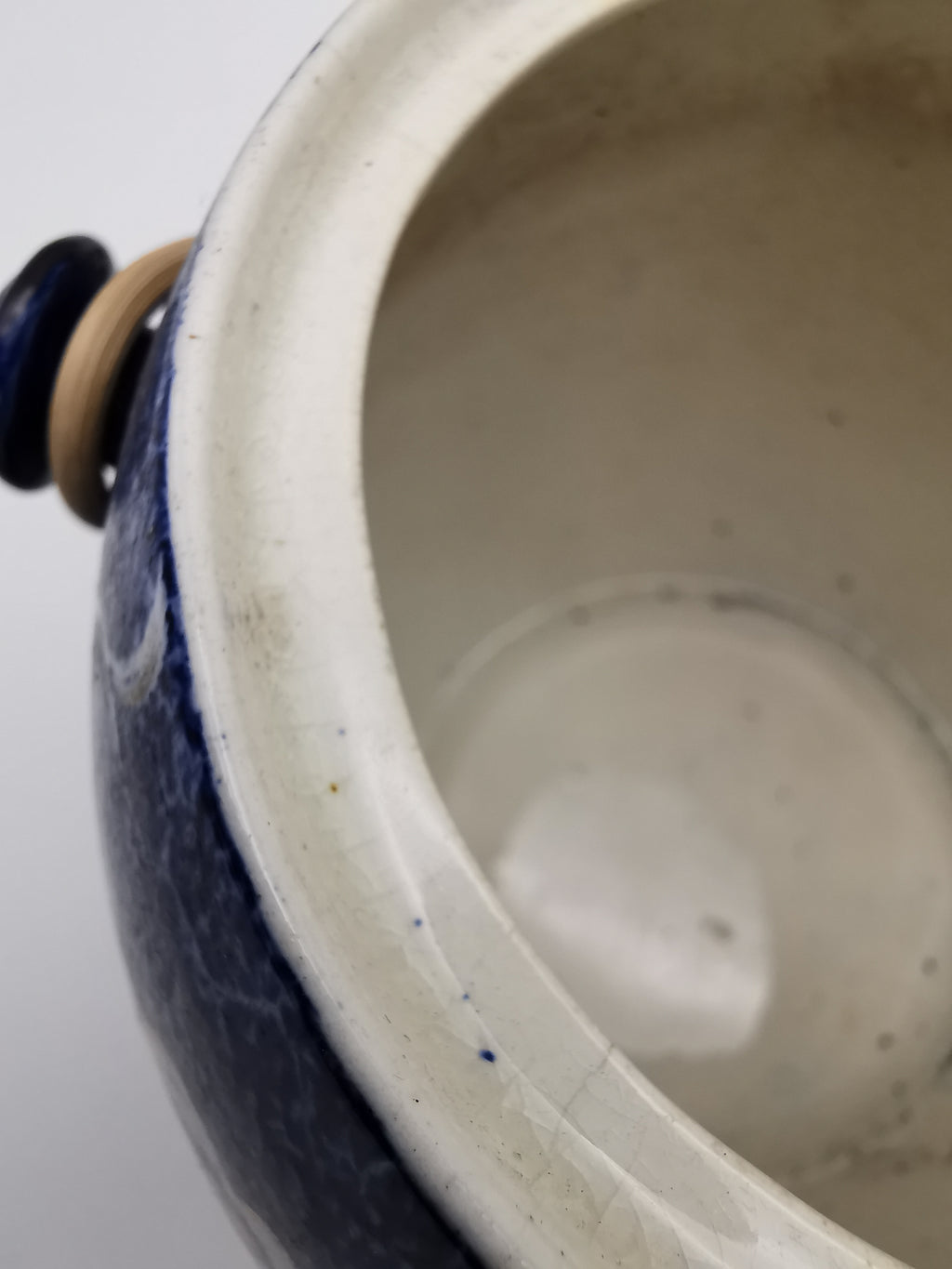 Blue and White Porcelain Biscuit Barrel/ Ginger Jar with Wicker Handle – Gilded Plum Blossom Design
