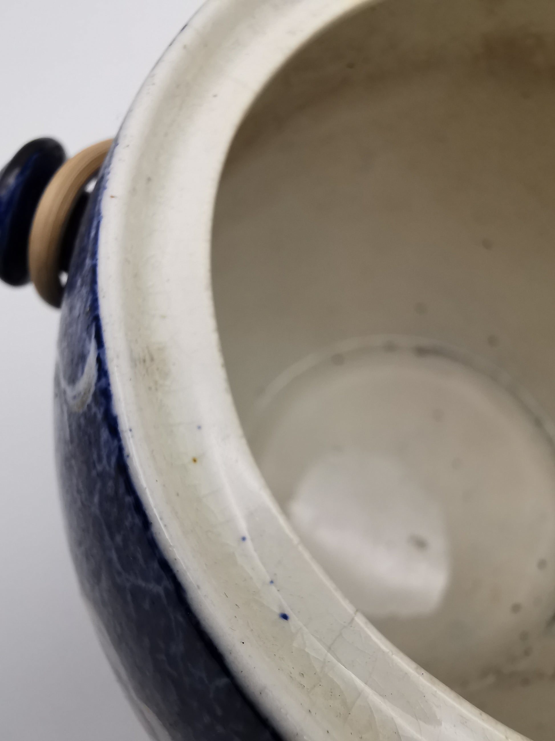 Blue and White Porcelain Biscuit Barrel/ Ginger Jar with Wicker Handle – Gilded Plum Blossom Design