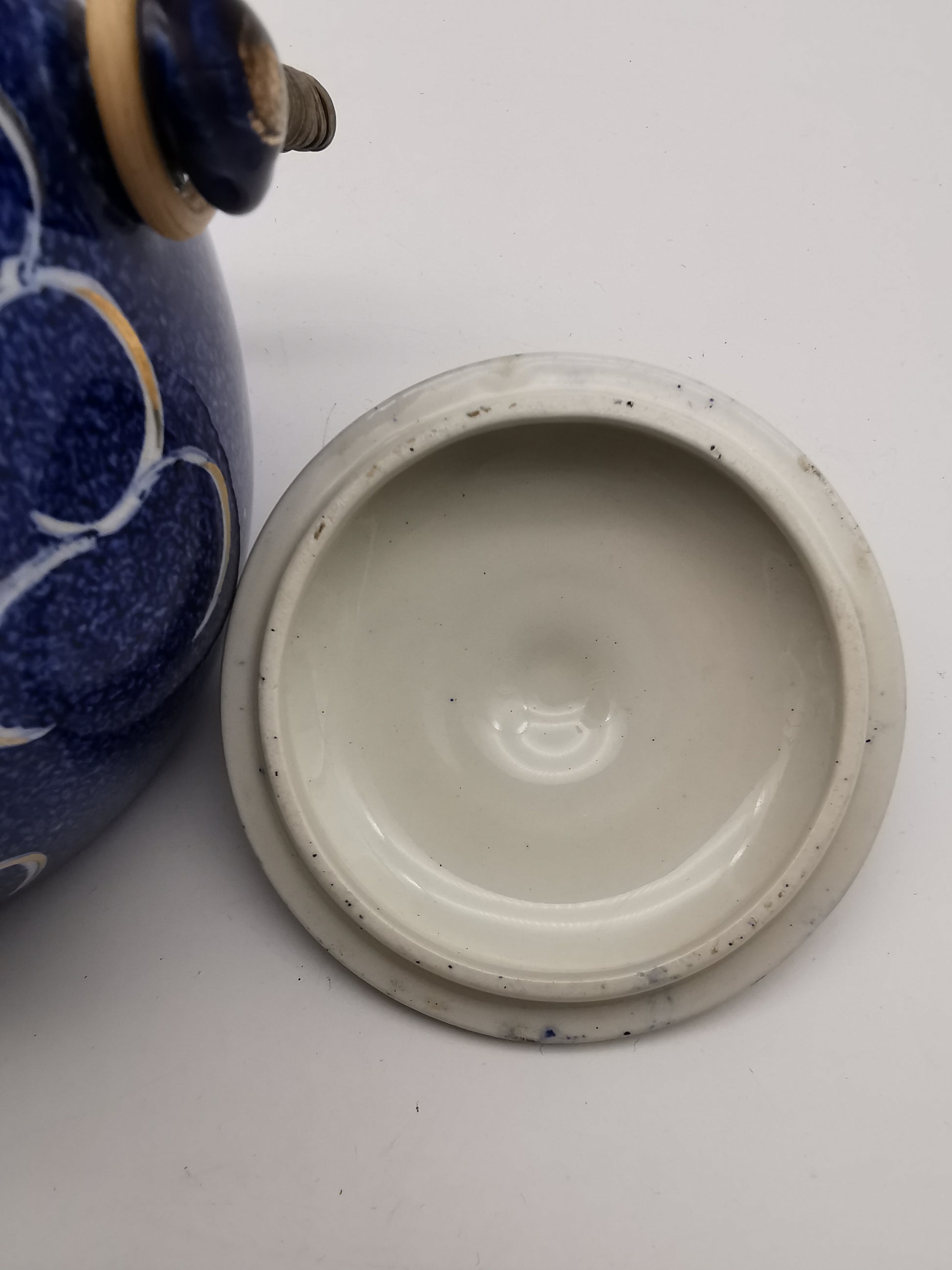 Blue and White Porcelain Biscuit Barrel/ Ginger Jar with Wicker Handle – Gilded Plum Blossom Design