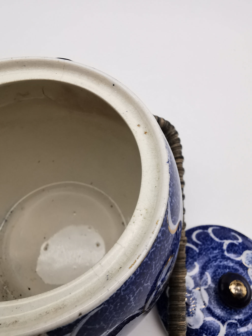 Blue and White Porcelain Biscuit Barrel/ Ginger Jar with Wicker Handle – Gilded Plum Blossom Design