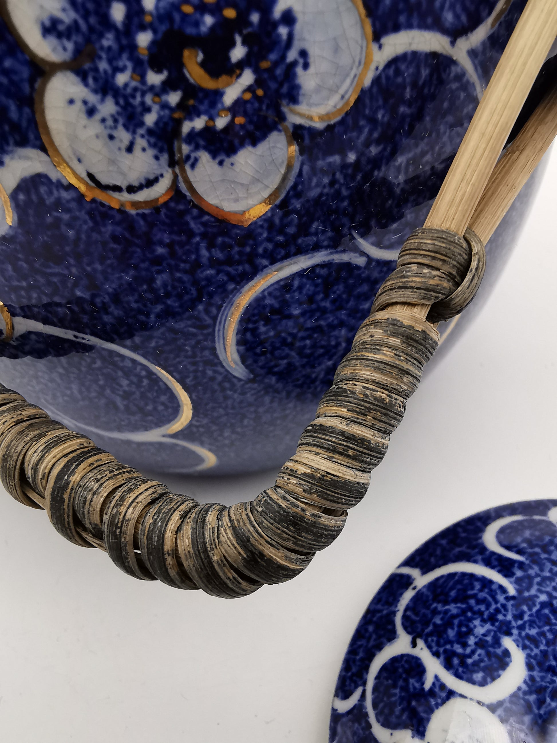 Blue and White Porcelain Biscuit Barrel/ Ginger Jar with Wicker Handle – Gilded Plum Blossom Design